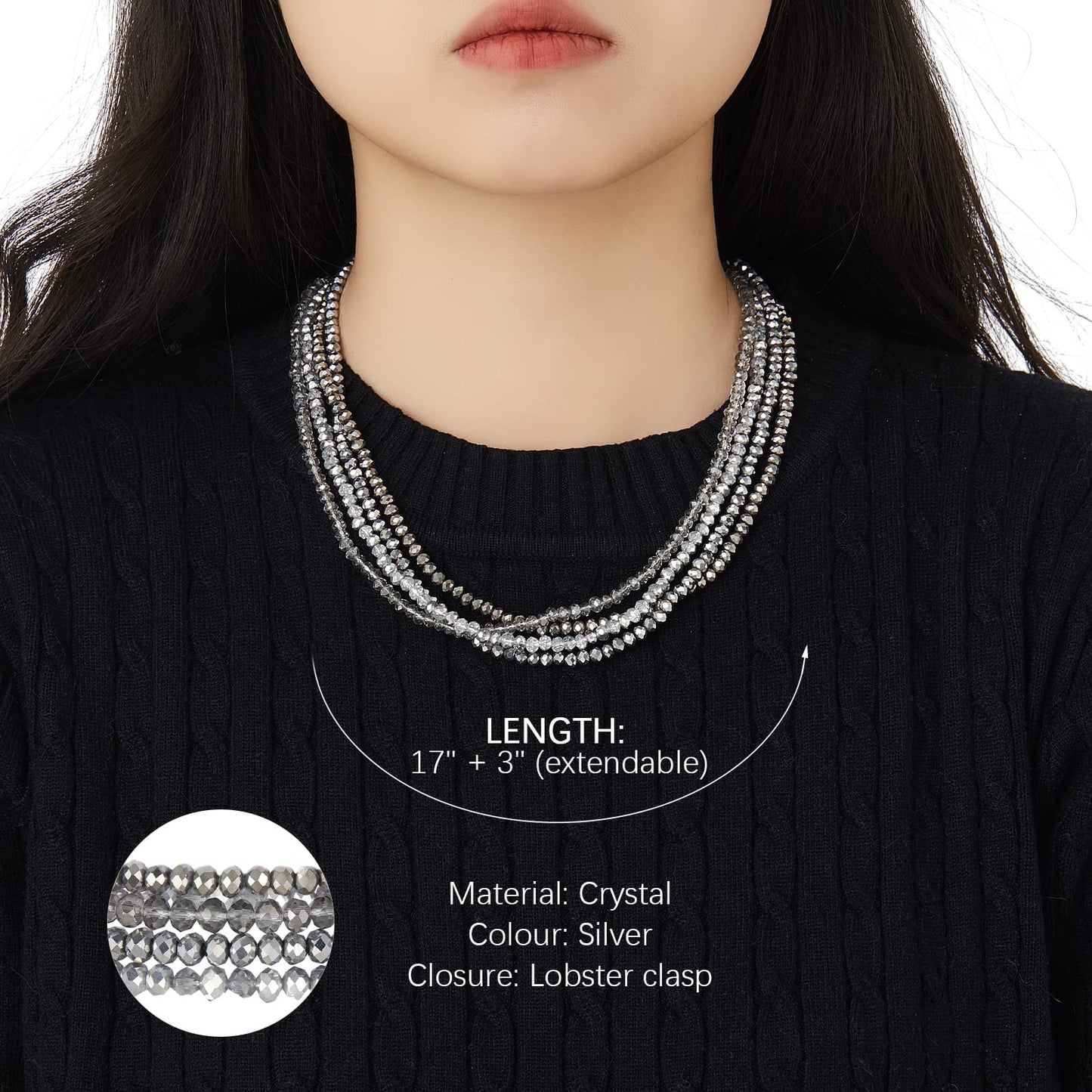 Noessla Multi-layer Crystals Beaded Choker Necklace for Women Colorful Boho Statement Necklace Trendy Costume Party Jewelry Mothers day Gifts for Mom(29-Silver)