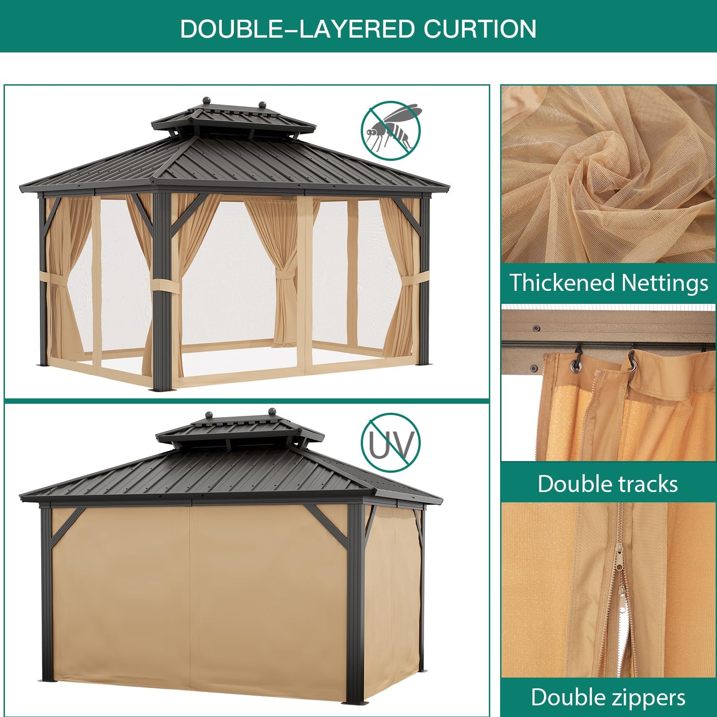 12' x 10' Hardtop Gazebo with Curtains and Netting, Permanent Outdoor Patio Gazebo with Aluminum Frame and Double Polycarbonate Roof for Backyard, Lawn, Deck and Garden
