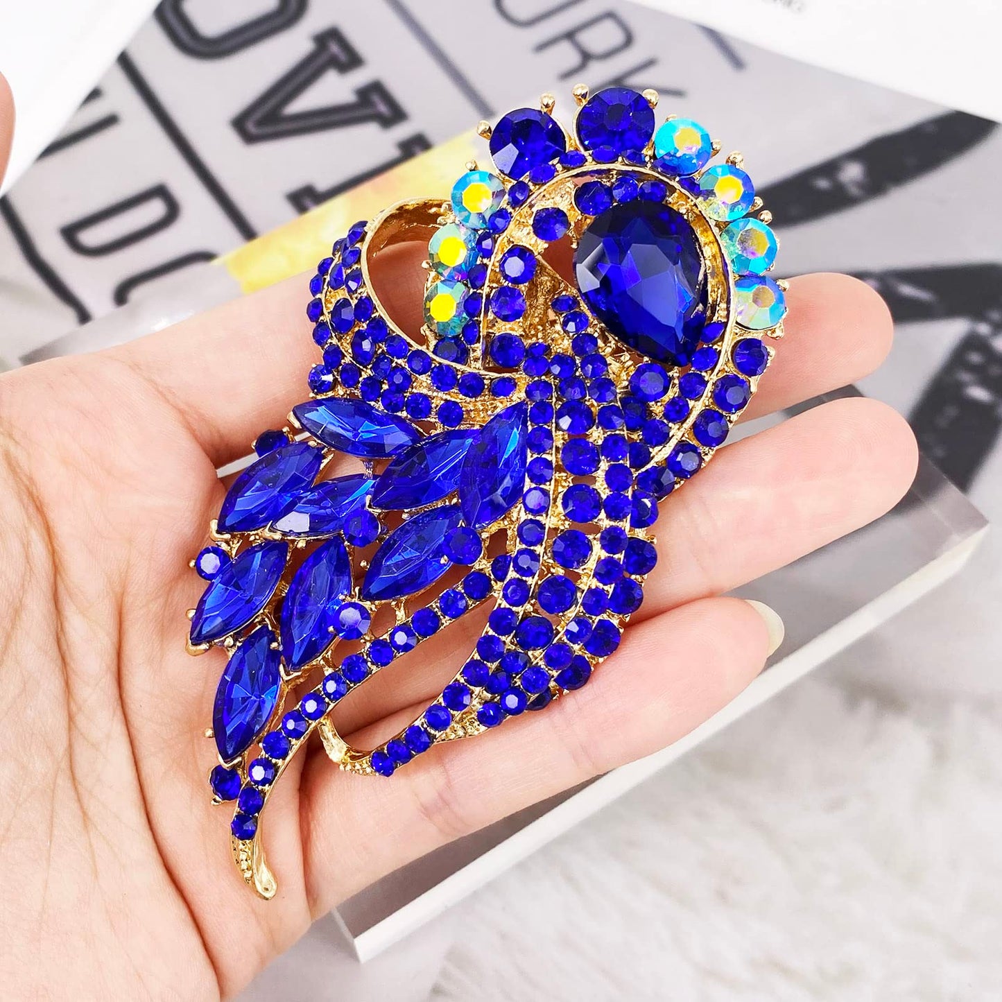LAXPICOL Women's Vintage Blue Austrian Crystal Elegant Flower Bouquet Wing Brooch Gold Tone
