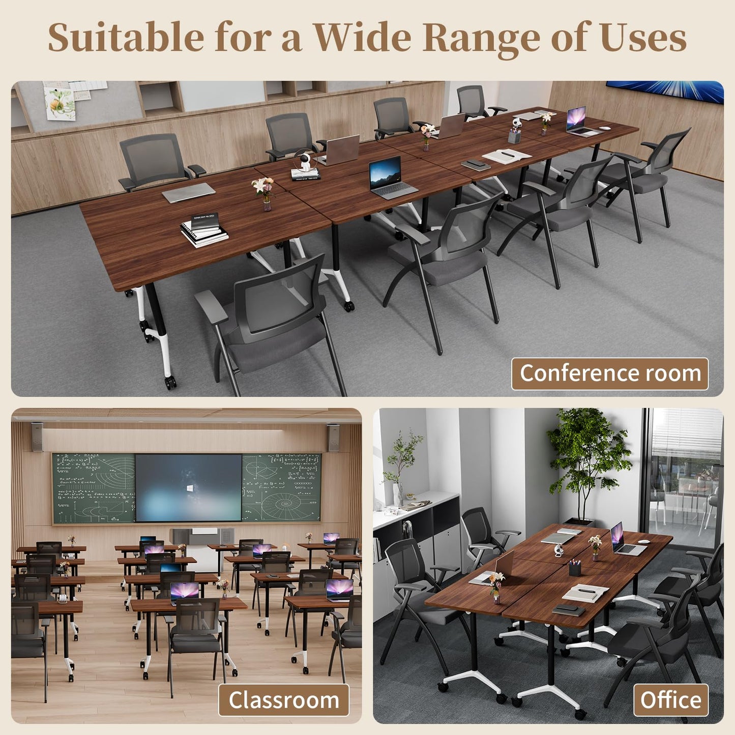 Modular Folding Conference Table with Wheels,4 Pack Mobile Conference Room Tables,Filp Top Rolling Meeting Training Tables for Office,Classroom,Library,Seminar,Boardroom,school(4pack,Walunt,47in)