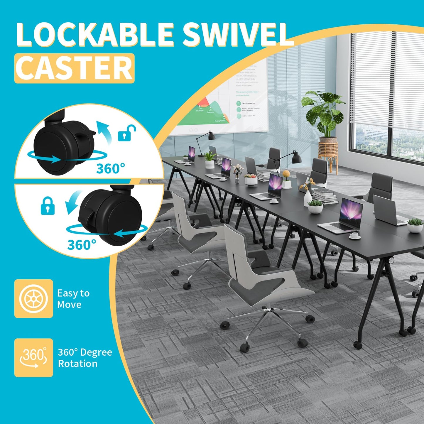 Conference Table with Wheels, Folding Conference Table with Knob & 4 Brake Casters, Modular Flip Top Mobile Conference Room Table for Office, Meeting, Training Room, Class (8, Black, 55.1in)