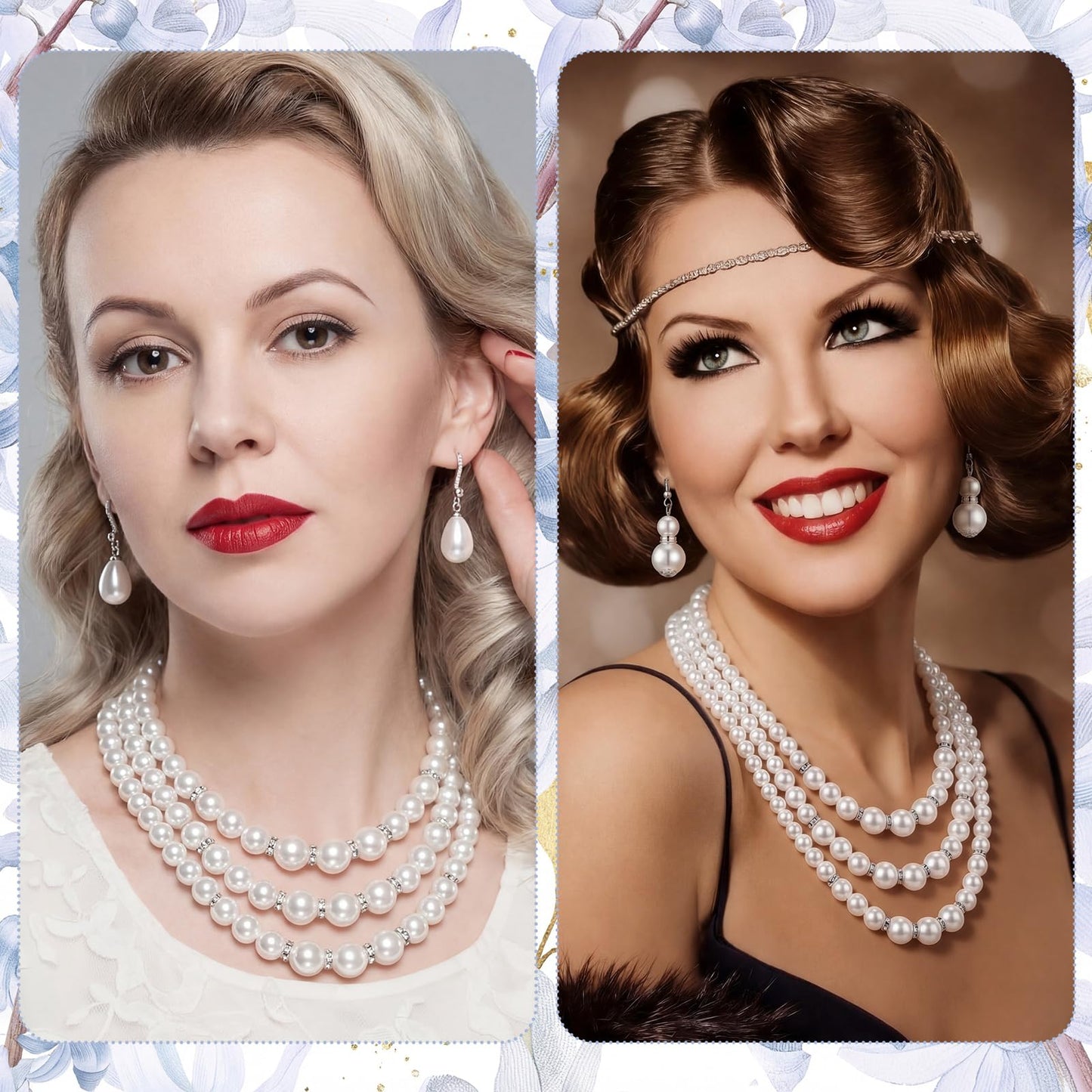 Glenmal Pearl Rhinestone Jewelry Set for Women Pearl Necklace Bracelet Earrings for Wedding Birthday Bridal Shower Tea Party(5 Pcs,Classy Style)