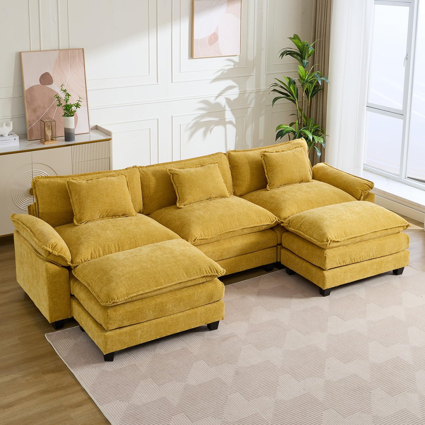 IPKIG 117" Sectional Sofa Cloud Couch, Modern Chenille U-Shaped Couch Comfy Upholstered 3-Seat Sofa with 2 Ottoman, 3 Lumbar Pillow, Deep Seat Modular Sofa for Living Room, Apartment, Studio, Yellow
