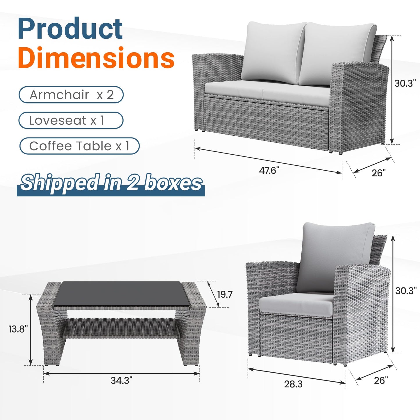 Wisteria Lane Patio Furniture Set, Wicker Outside Outdoor Furniture for All Weather, Patio Sofa with High Backrest Support and Wide Armrest for Backyard, Balcony, Deck, Porch, Light Gray