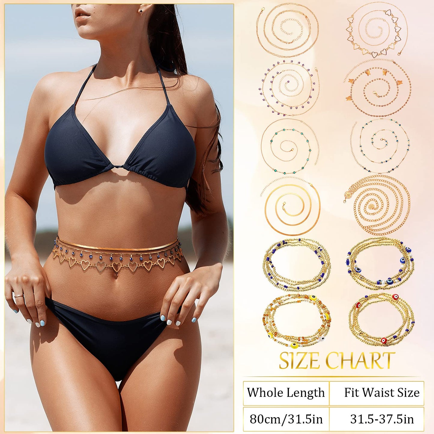 12 Pcs Waist Beads Body Jewelry Beach Bikini Belly Beads Waist Chains for Women Adjustable Belly Necklace Stomach Jewelry Chain Women's Body Chains(Classic Style)