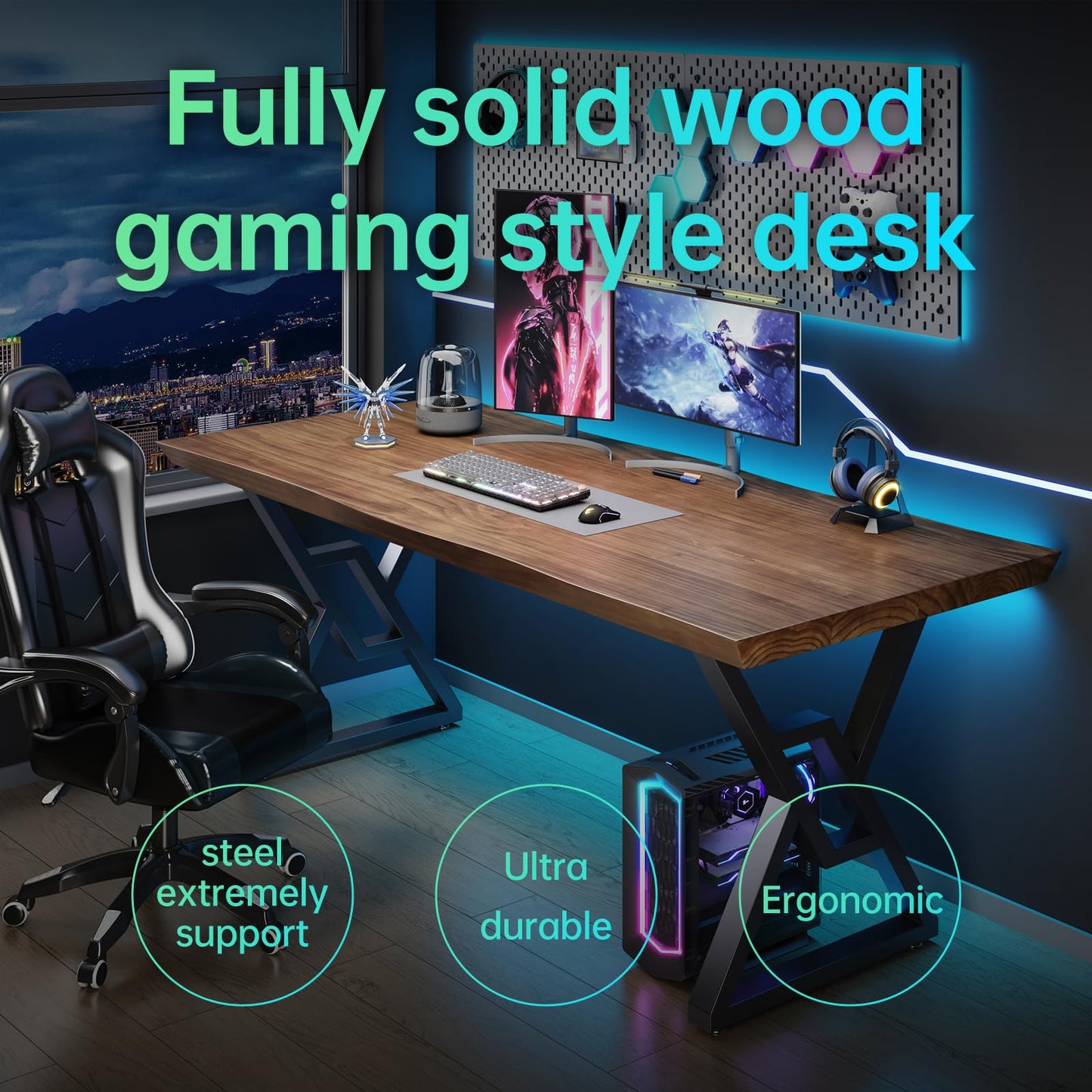 jmzx store Solid Wood Rustic Style 55.1-inch Computer Desk - Large Office Desk for Home Office, Modern and Simple Design, Ideal for Dining,Study, Writing (Black-w, 55.12 * 27.56 * 29.53)