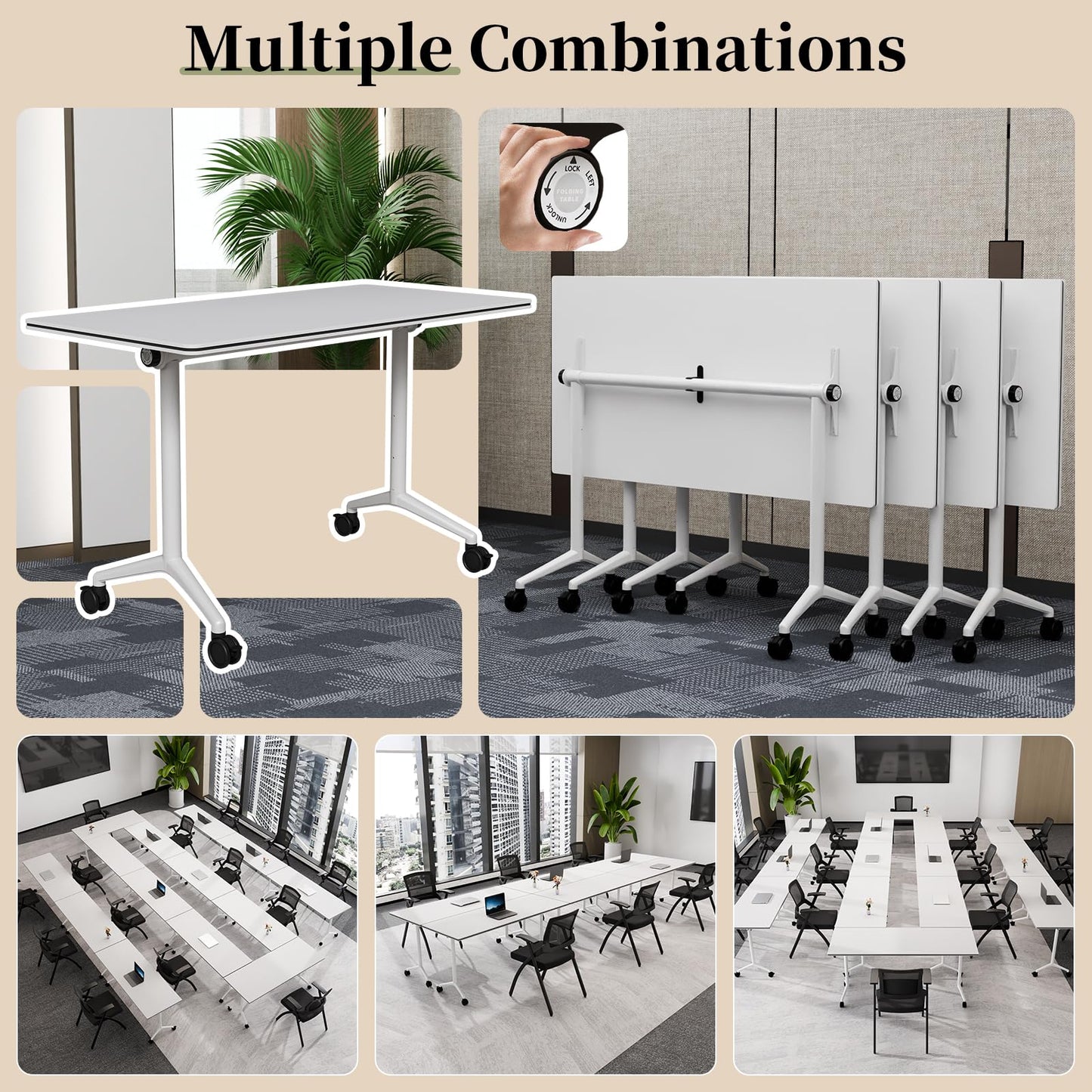 Modular Folding Conference Table with Wheels,8 Pack Mobile Conference Room Tables,Filp Top Rolling Meeting Training Tables for Office,Classroom,Library,Seminar,Boardroom,school(8pack,White,47in)