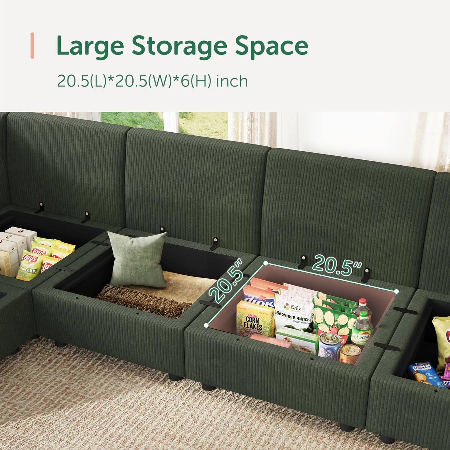 HONBAY Modular Sofa U Shaped Sectional Couch with Storage, Convertible Modular Sofa 7 Seats Sectional for Living Room - Green