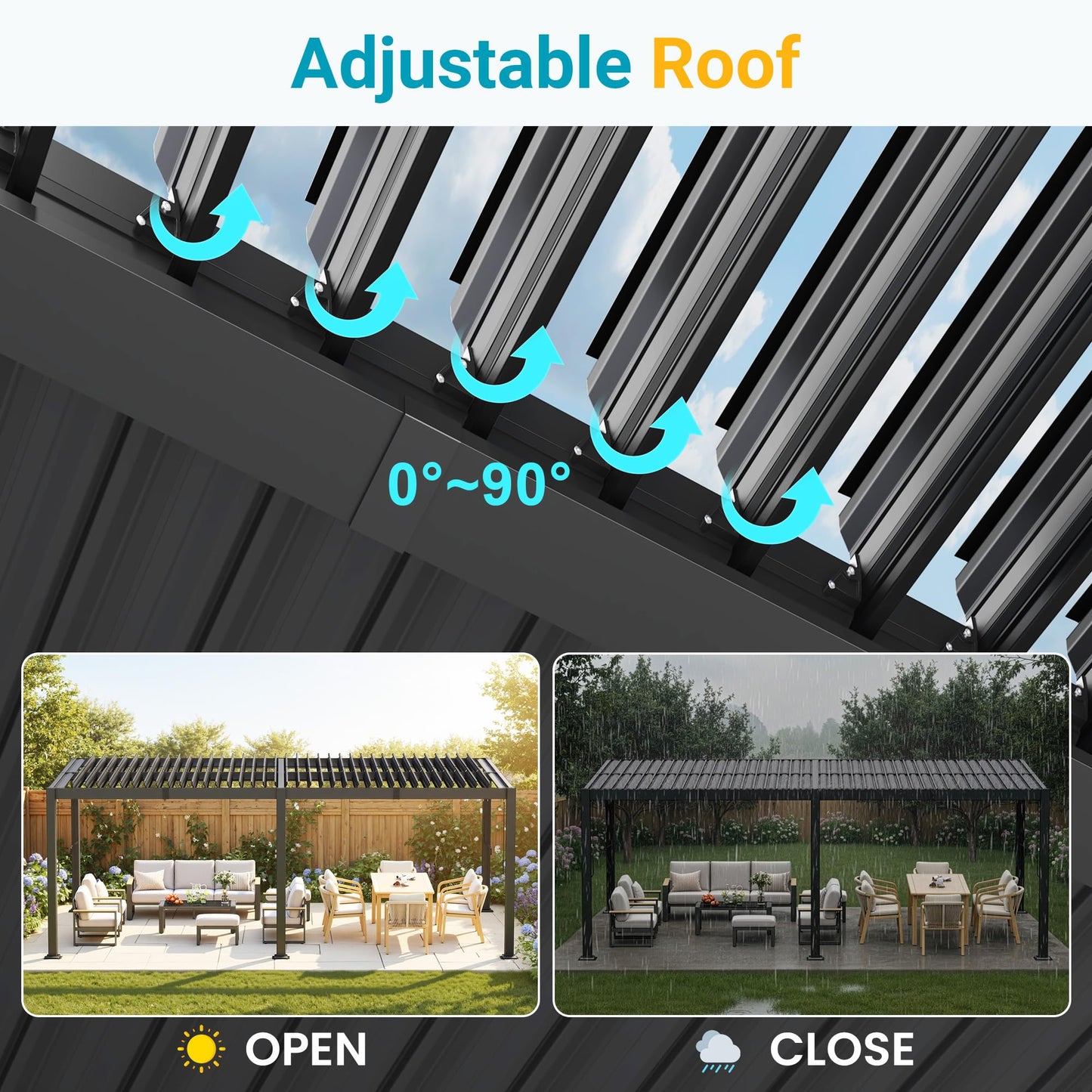 Louvered Pergola, 12' x 20' Outdoor Pergola, Metal Patio Gazebo with Adjustable Louvers Roof and Gutter System, Metal Hardtop Gazebo for Patio, Backyard, Deck, Garden, Dark Gray