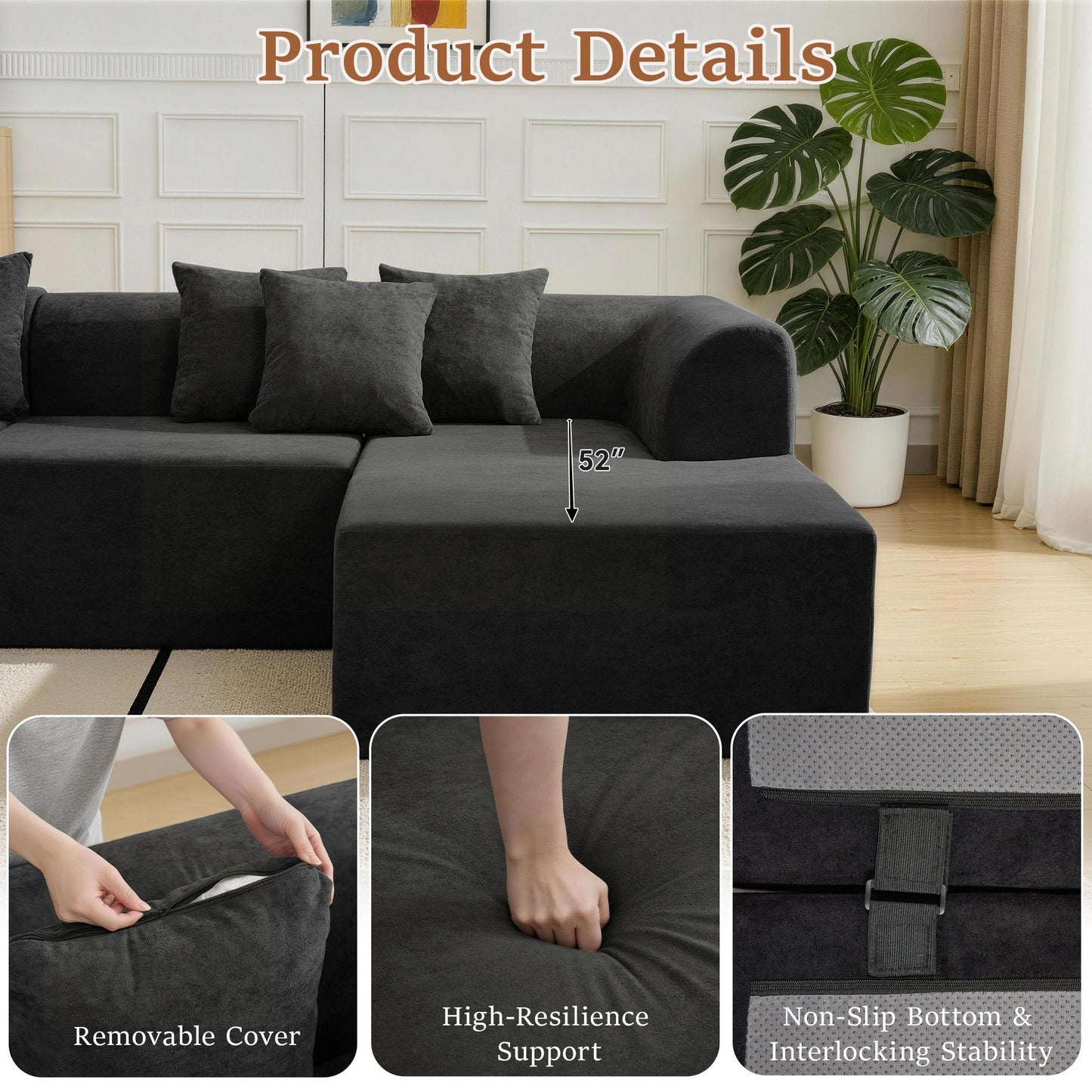CACFTII 140" Oversized Boneless Couch, Curved Cloud Sectional Couch with L-Shape Chaise, Compressed Memory Foam Couch, Velvet Modular Sectional Sofa for Living Room, No Assembly Required, Black