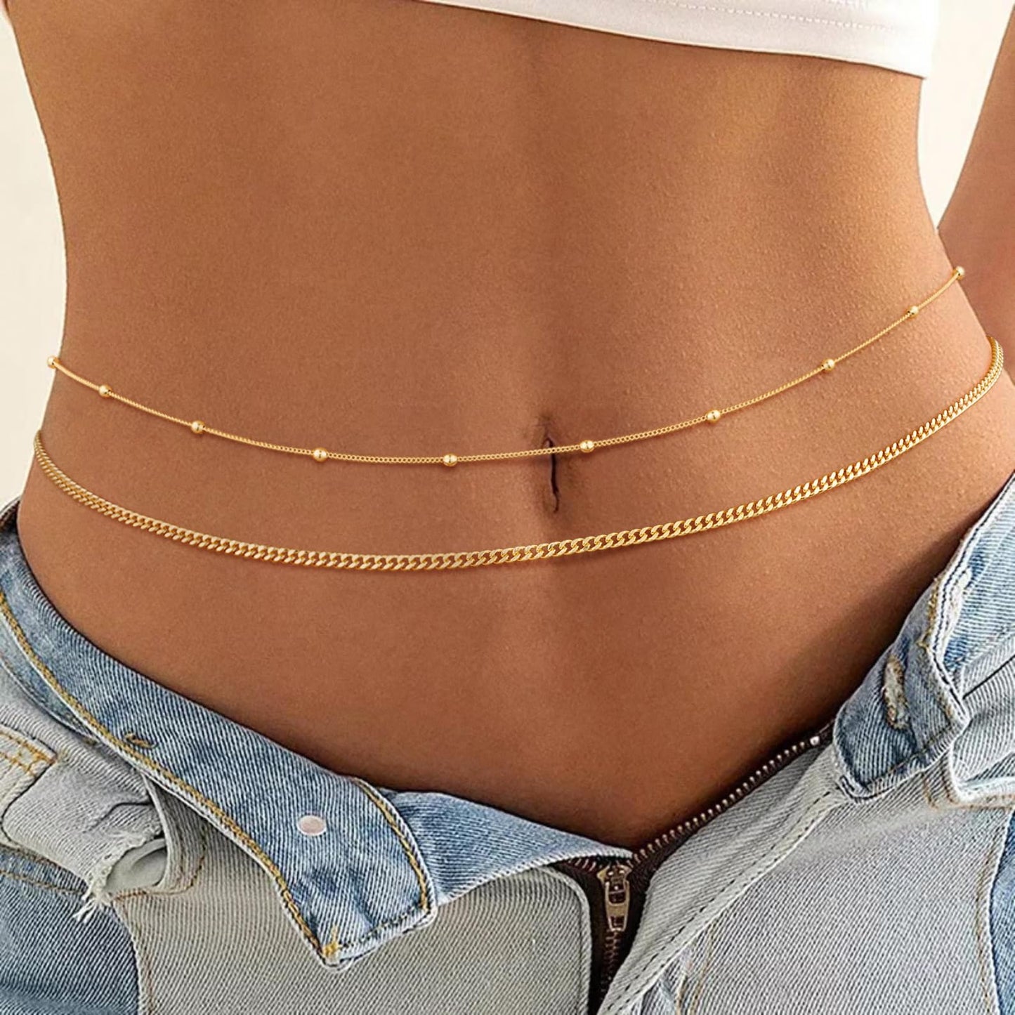 SUFOPE Gold Waist Chain for Women Dainty 14K Gold Plated Layered Belly Chain Adjustable Bikini Belly Beads for the Waist Waterproof Beach Accessories Body Chain Jewelry Gifts