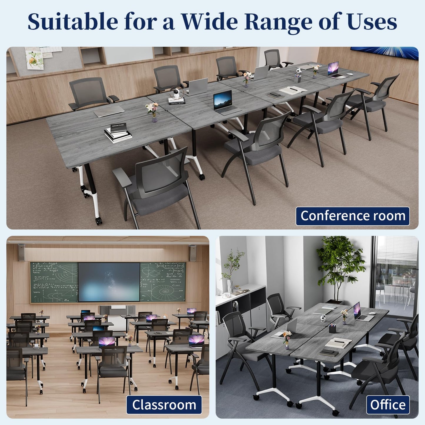 Modular Folding Conference Table with Wheels,6 Pack Mobile Conference Room Tables,Filp Top Rolling Meeting Training Tables for Office,Classroom,Library,Seminar,Boardroom,school(6pack,Grey,47in)