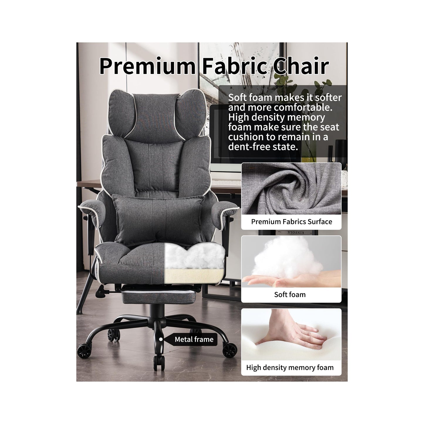 Efomao Fabric Office Chair, Big and Tall Office Chair 400 lb Weight Capacity, High Back Executive Office Chair with Foot Rest, Ergonomic Office Chair for Back Pain Relief, Gray