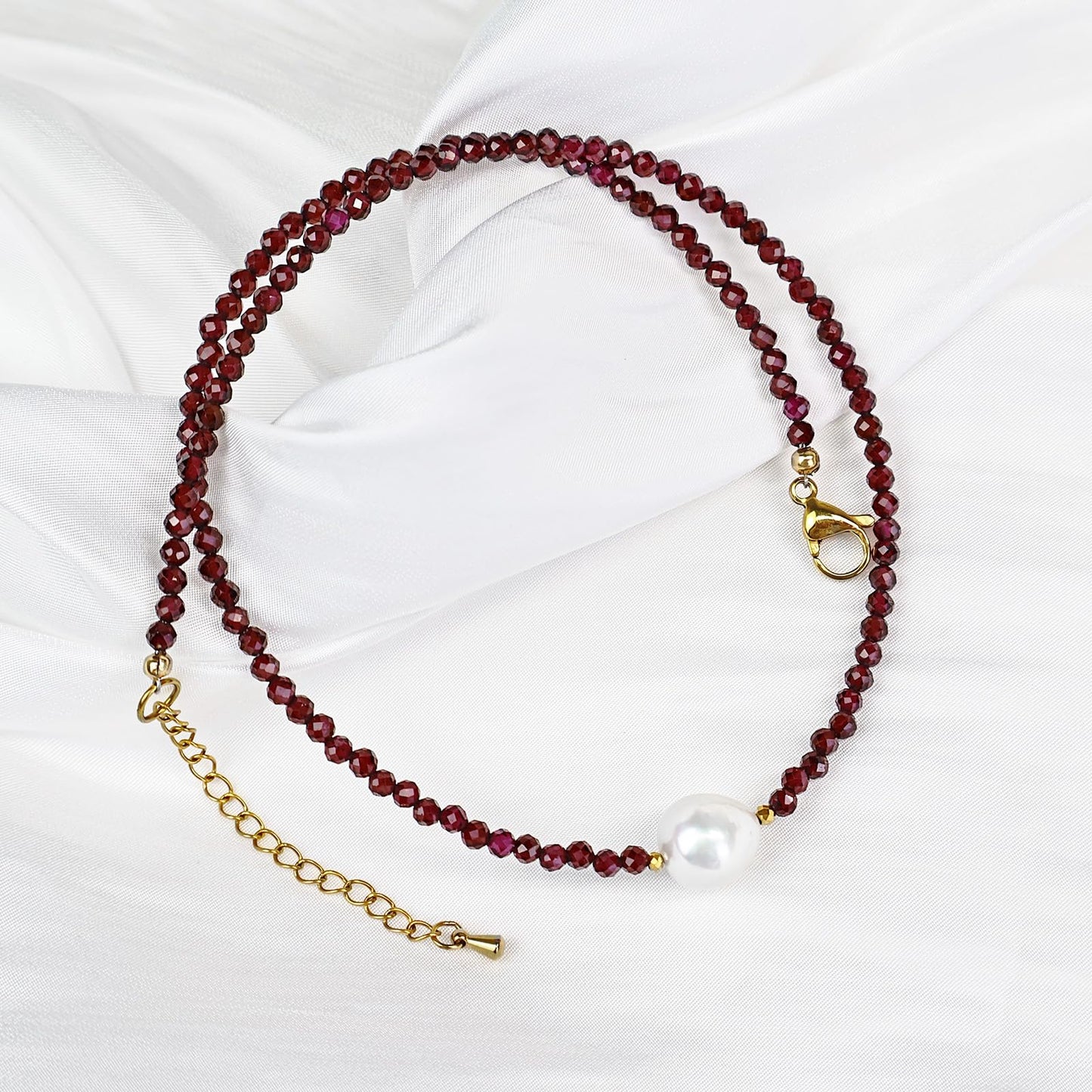 GEMTAL Pearl Necklaces for Women Dainty Single Pearl Necklace Natural Freshwater Pearl Choker Garnet Beaded Necklaces Adjustable Chain Red Bead Necklace Valentines Jewelry Gift
