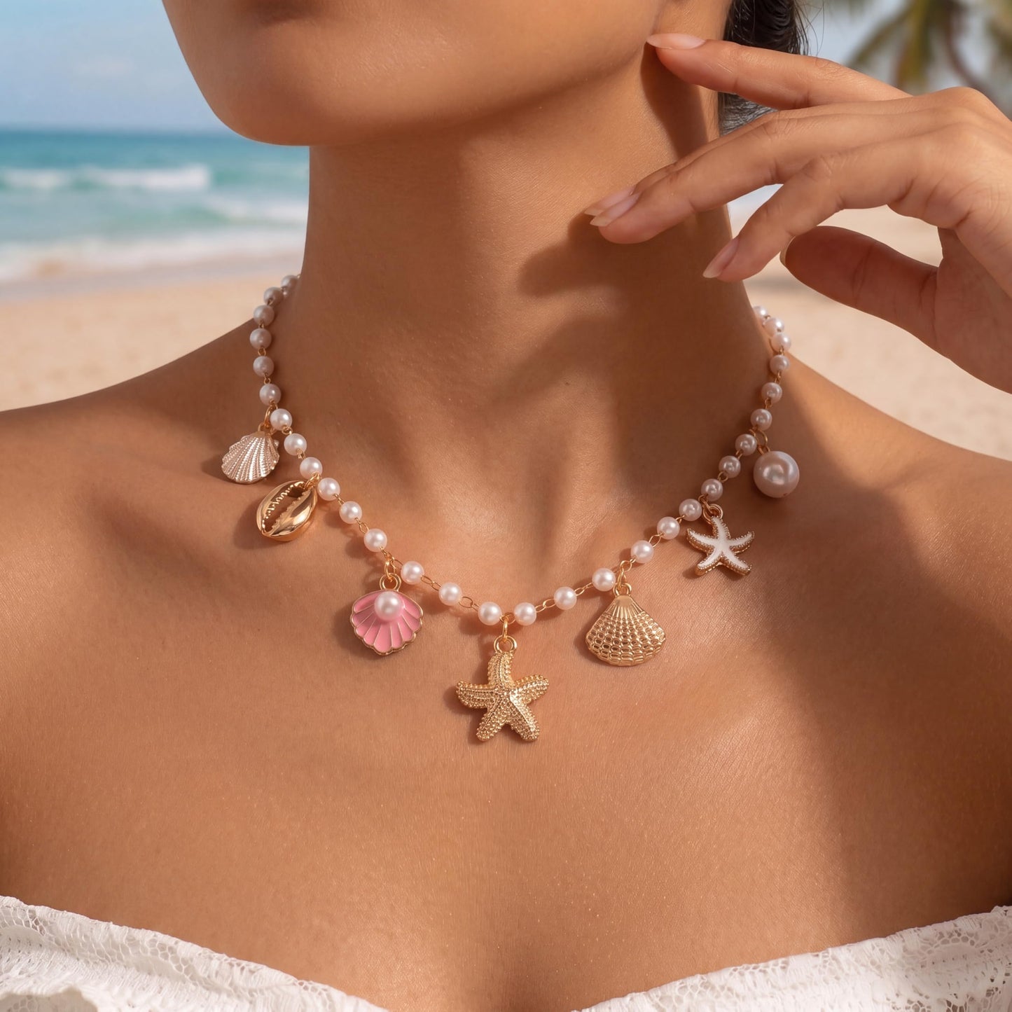 Shell Starfish Necklace for Women, 14k Gold Plated Boho Layered Beaded Charm Pendant Necklace, Dainty Adjustable Pearl Conch Summer Beach Vacation Jewelry Gifts(Pink Shell)