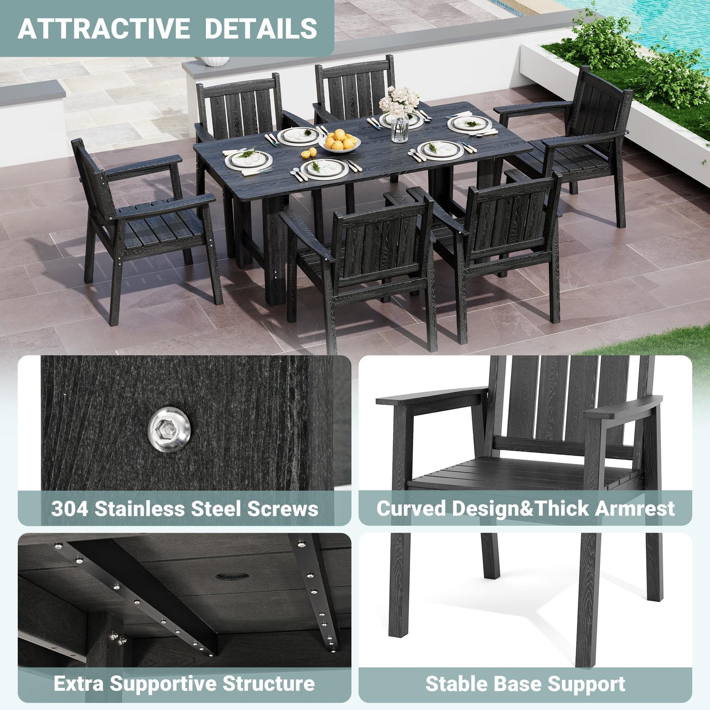 Pamapic 7 PCS Outdoor Dining Set, Spacious HDPE Outdoor Table and Chairs, Wood Grain Patio Furniture Sets with Elegant Armrest, All-Weather Patio Dining Table with Umbrella Hole, Black