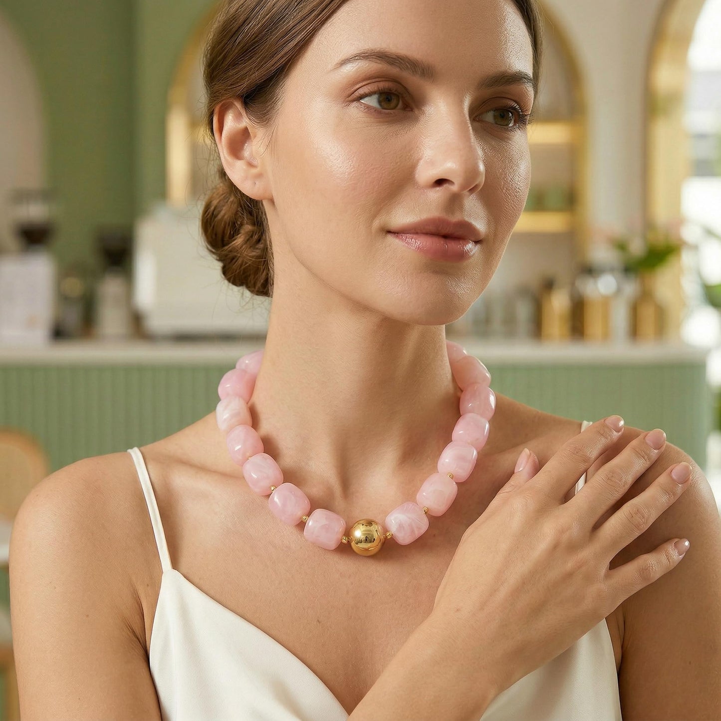 BREPINE Pink Chunky Necklaces for Women Multicolored Large Square Resin Beads Necklace Trendy Bold Statement Beaded Summer Candy jelly Vacation Choker