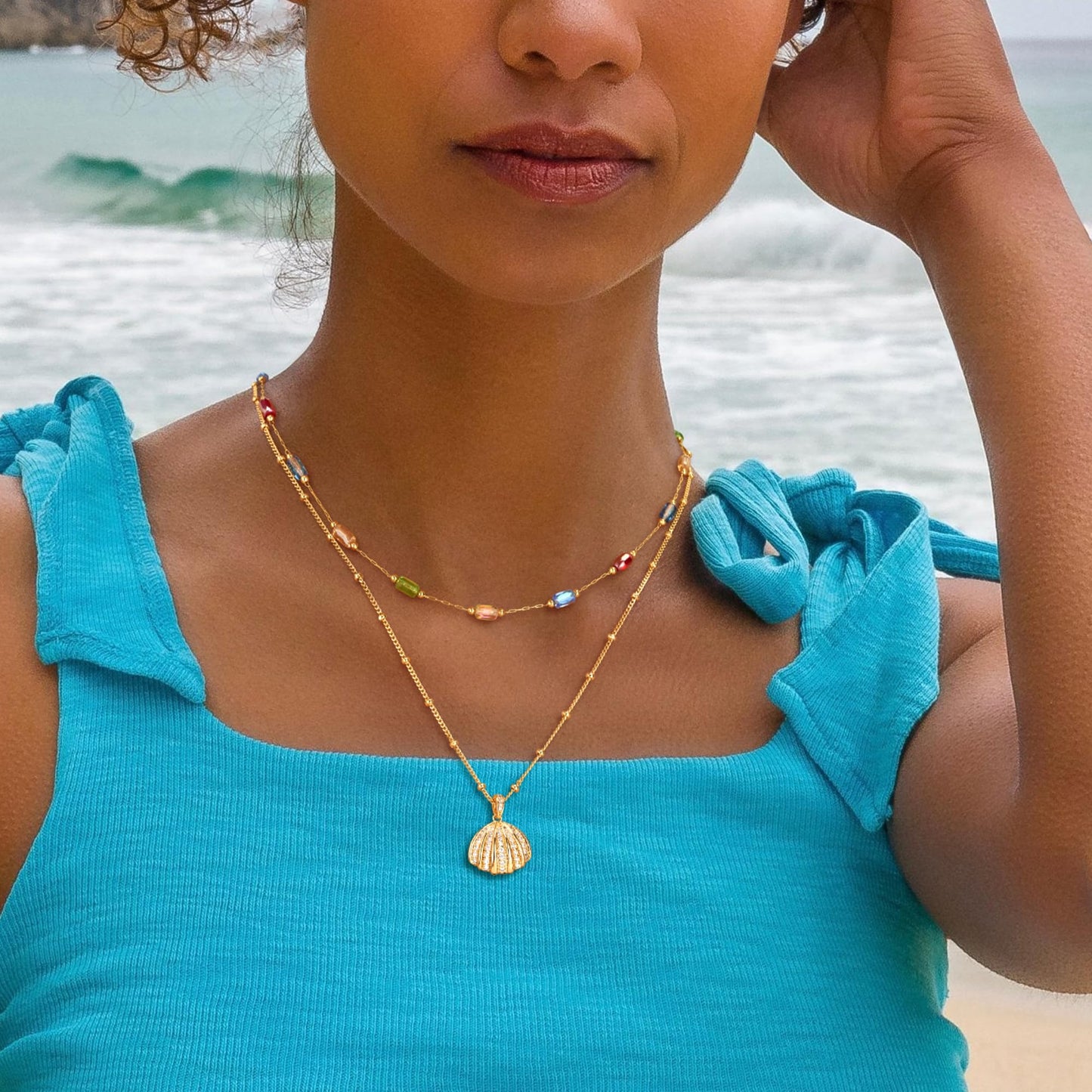 MTMY Beaded Necklaces for Women 14K Gold Plated Dainty Colorful Green/Rose Beaded Pearl Choker Necklace Delicate Boho Choker Necklace Jewelry Gift (mixed color cuboid)