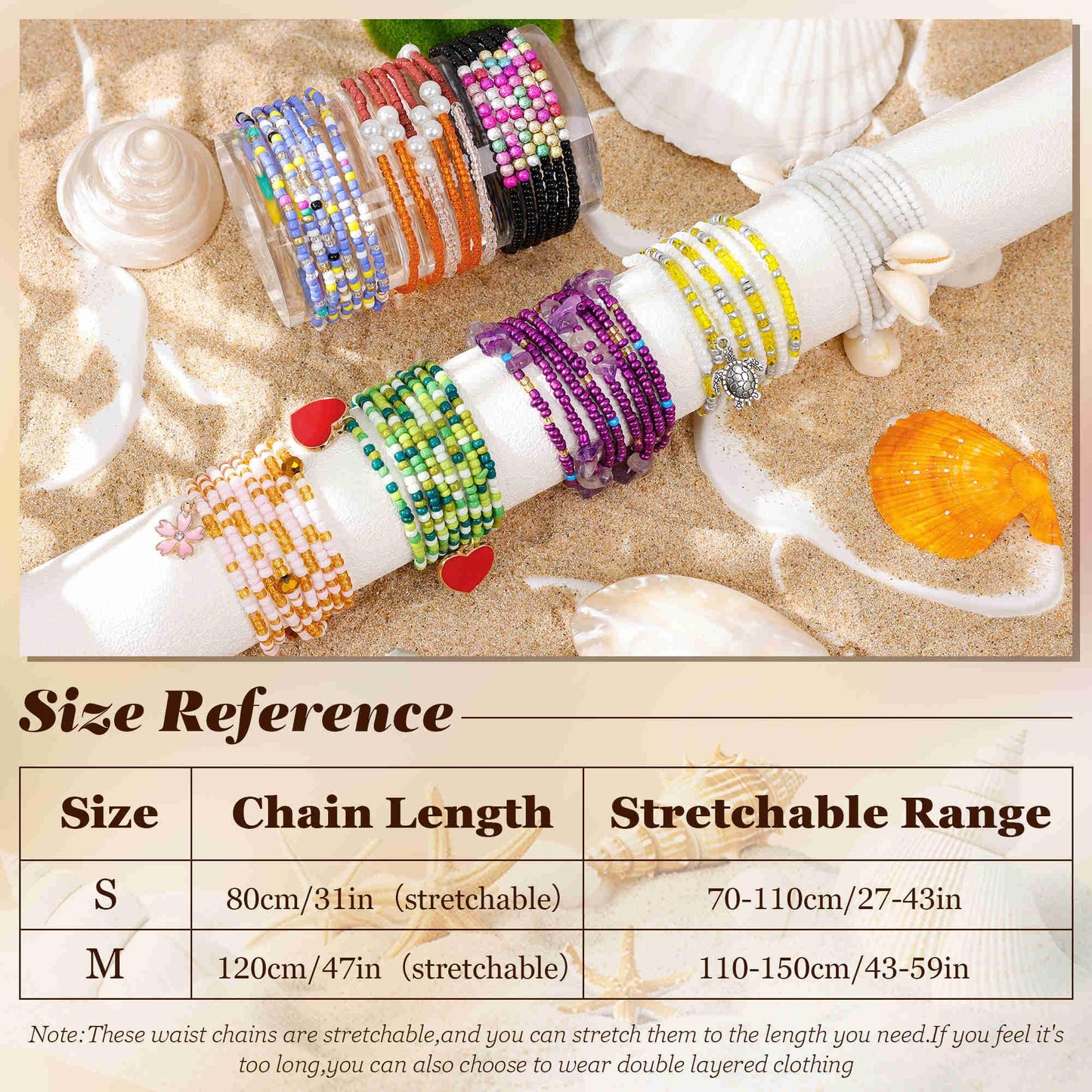Masedy 8PCS African Waist Bead Chains for Women Layered Belly Body Chain Handmade Plus Size Beaded Belly Chain Colorful Elastic Flower Butterfly Body Chains Summer Beach Bikini Body Jewelry 31-45in (Set B, Inches, 31)