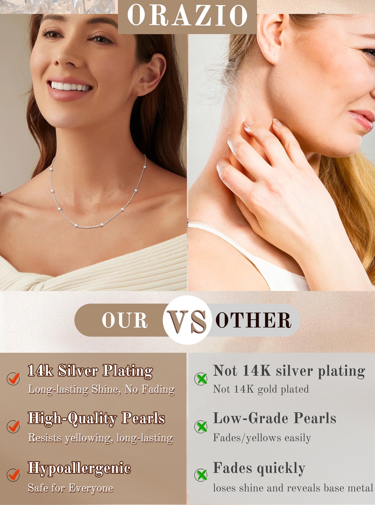 ORAZIO Dainty Gold Pearl Necklaces for Women, Silver Plated Faux Pearl Choker Necklaces Trendy Small Pearl Necklace Strand Wedding Prom Bridal Pearls Jewelry Gifts 20 in 4mm