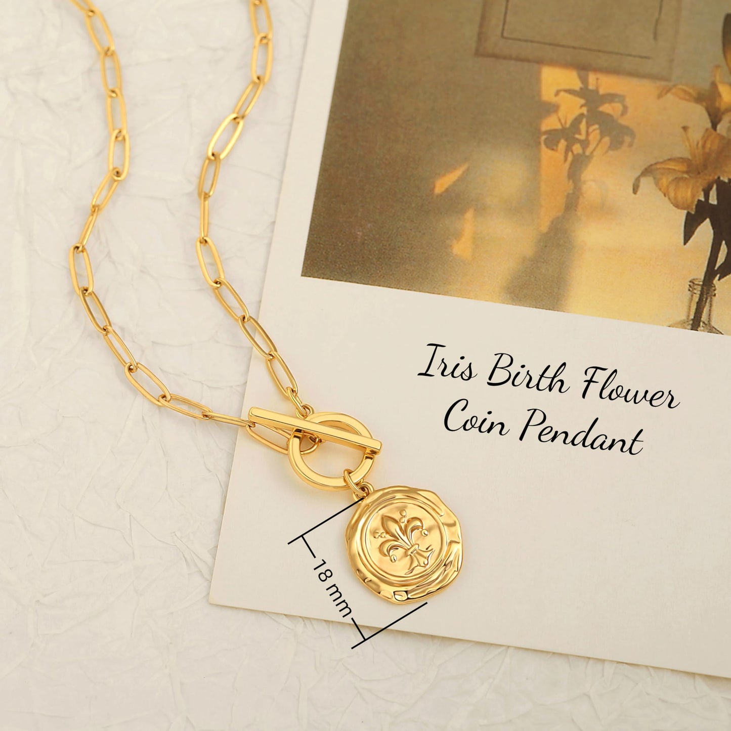 PEARLADA Dainty Birth Flower Coin Necklace, 18k Gold Plated Paperclip Necklace, Vintage Iris Spring Jewelry