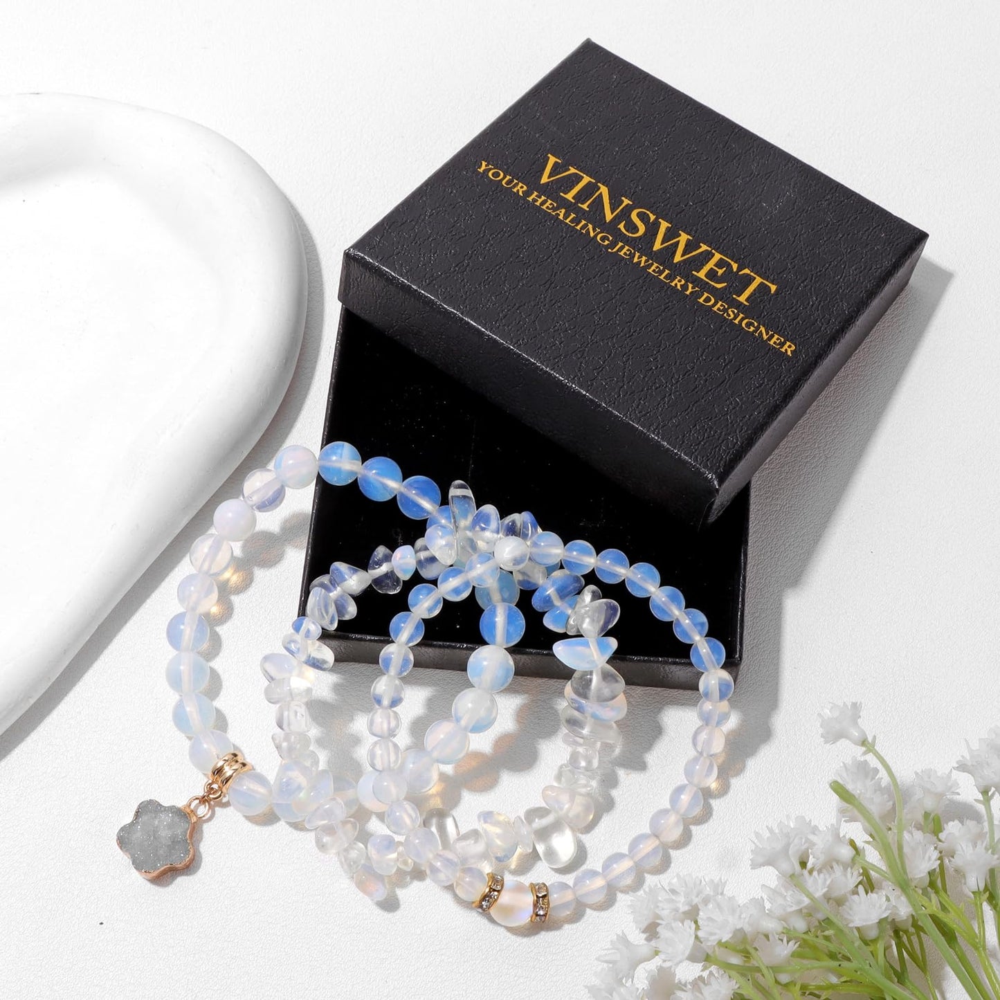 Vinswet Healing Crystal Beaded Bracelets for Women,Natural Amethyst Gemstones Bracelet,Anxiety Stress Relief Heart Charm Bracelet Handmade purple Jewelry Gifts for Women (Opal&labradorite)