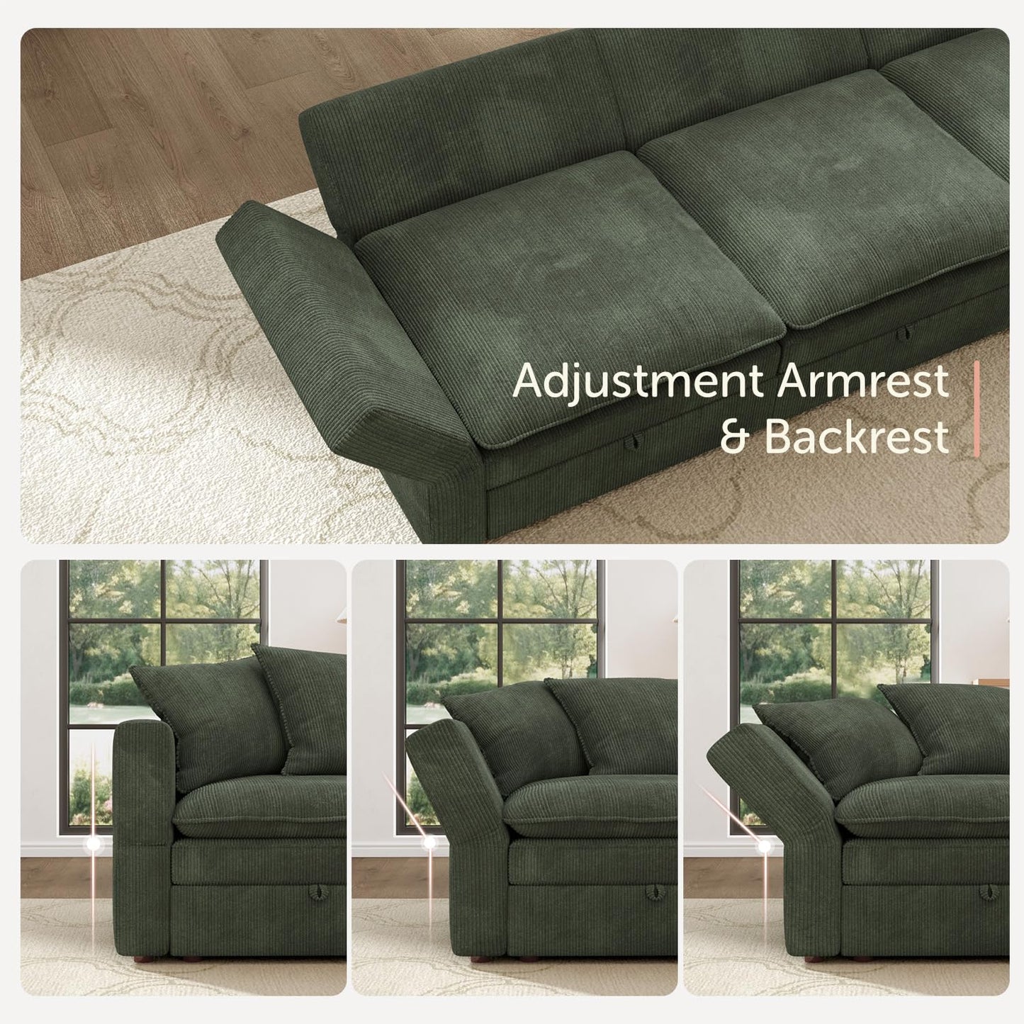 HONBAY Modular Sectional Sofa with Ottoman, 7 Seat U Shaped Couch with Storage & Pillows, 137 Inch Oversized Sectional Sofa for Living Room, Green