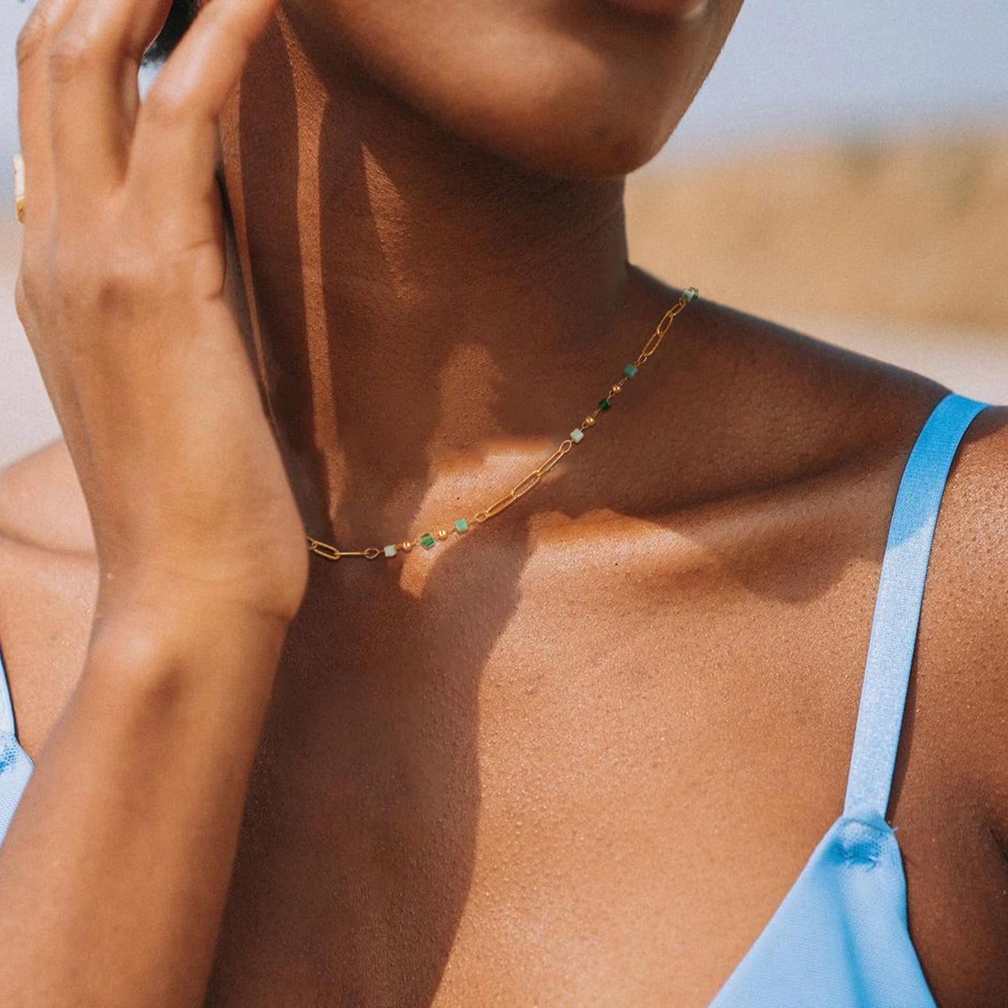 MTMY Beaded Necklaces for Women 14K Gold Plated Dainty Colorful Green/Rose Beaded Pearl Choker Necklace Delicate Boho Choker Necklace Jewelry Gift (beads paper clip)