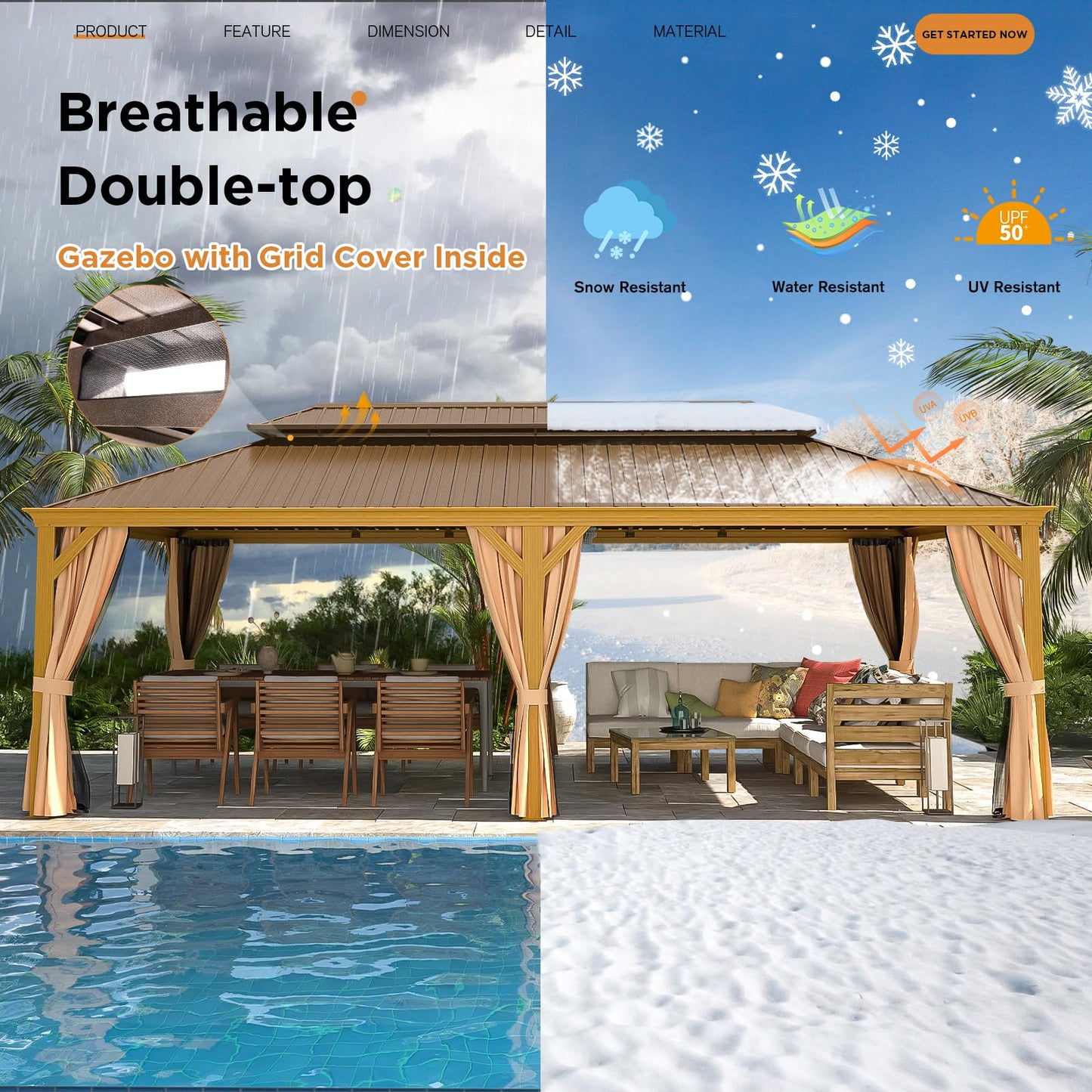 EROMMY 14'x24' Hardtop Gazebo, Galvanized Steel Double Roof with Wood-Looking Aluminum Frame, Outdoor Permanent Metal Pavilion with Curtains and Nettings for Patio, Backyard and Deck