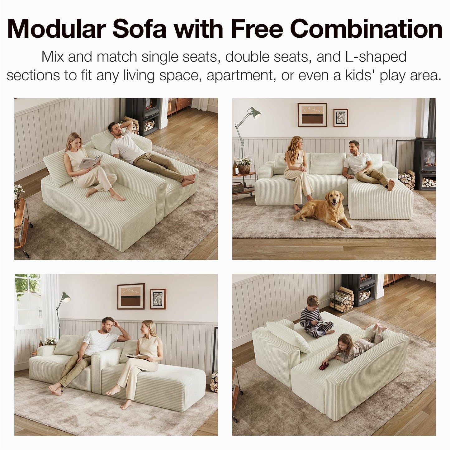 Novilla L-Shape Sectional Couches for Living Room with Smarts Coil® Support, 3 Seater Sectional Sofas for Living Room Bedroom, Corduroy Cloud Couch Sectional, No Assembly(Beige, Right Hand Facing)