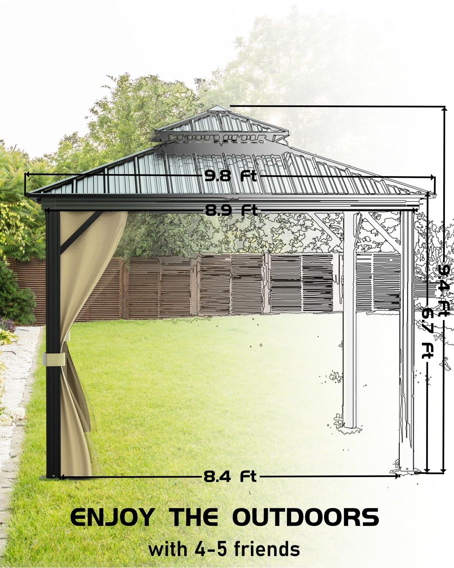 GarveeLife 10 ft x10 ft Hardtop Gazebo for All Weather, with Double Metal Roof, Aluminum Alloy Frame, Net, and Curtain, Permanent Building for Patio, Deck, Backyard, Lawn, and Garden