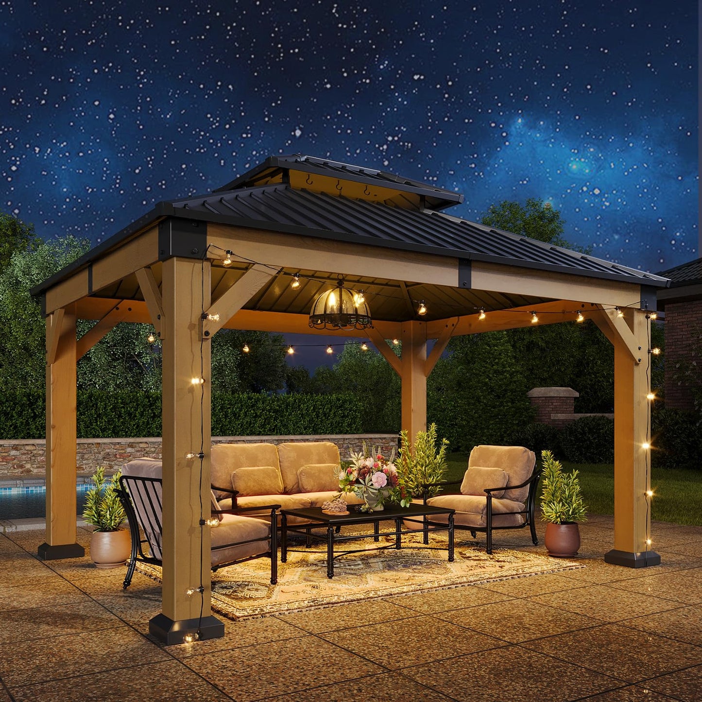 Aoxun 10' x 12' Outdoor Wood Gazebo, Hardtop Gazebo Permanent Wooden Pavilion with Galvanized Steel Double Roof, for Patio, Garden, Deck, Cedar Wood, Natural