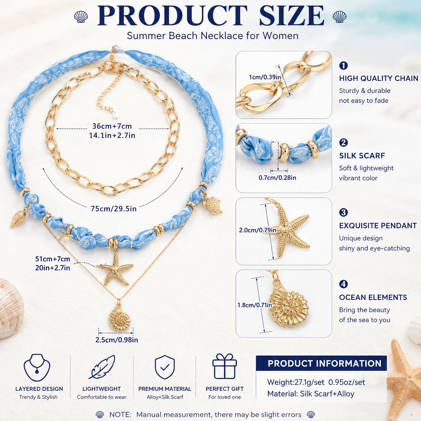 Scarf Bandana Necklace with Charm Gold Starfish Shell Seashell Necklace Boho Layered Conch Sea Shell Turtle Charm Necklaces Summer Beach Vacation Outfits Jewelry Essentials Accessories for Women