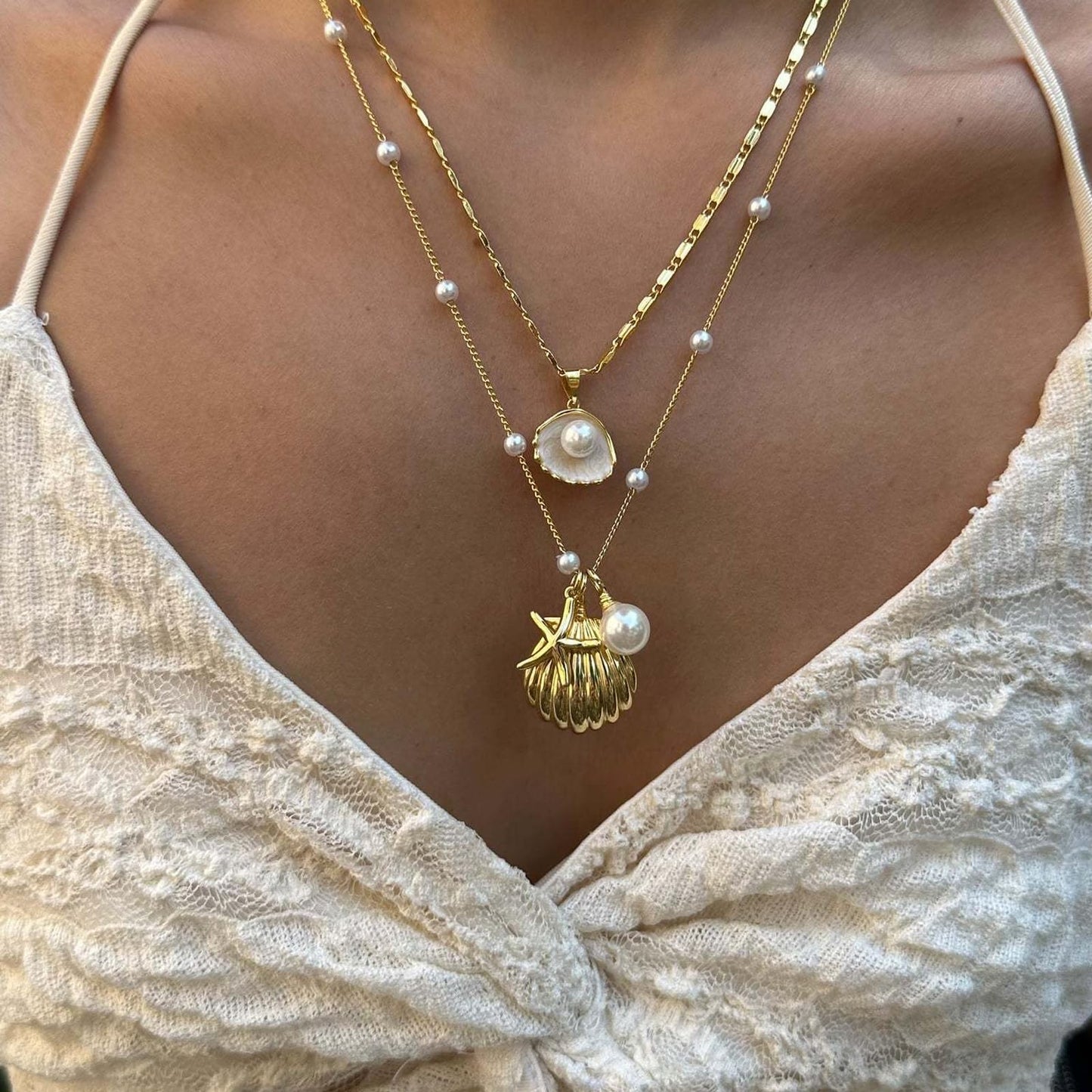 KummerSaprk Seashell Necklace Summer Vacation Jewelry for Women Gold Beachy Necklace Stack Starfish Flower Cowrie Sea Shell Pendant Necklaces Summer Essentials Accessories Gifts
