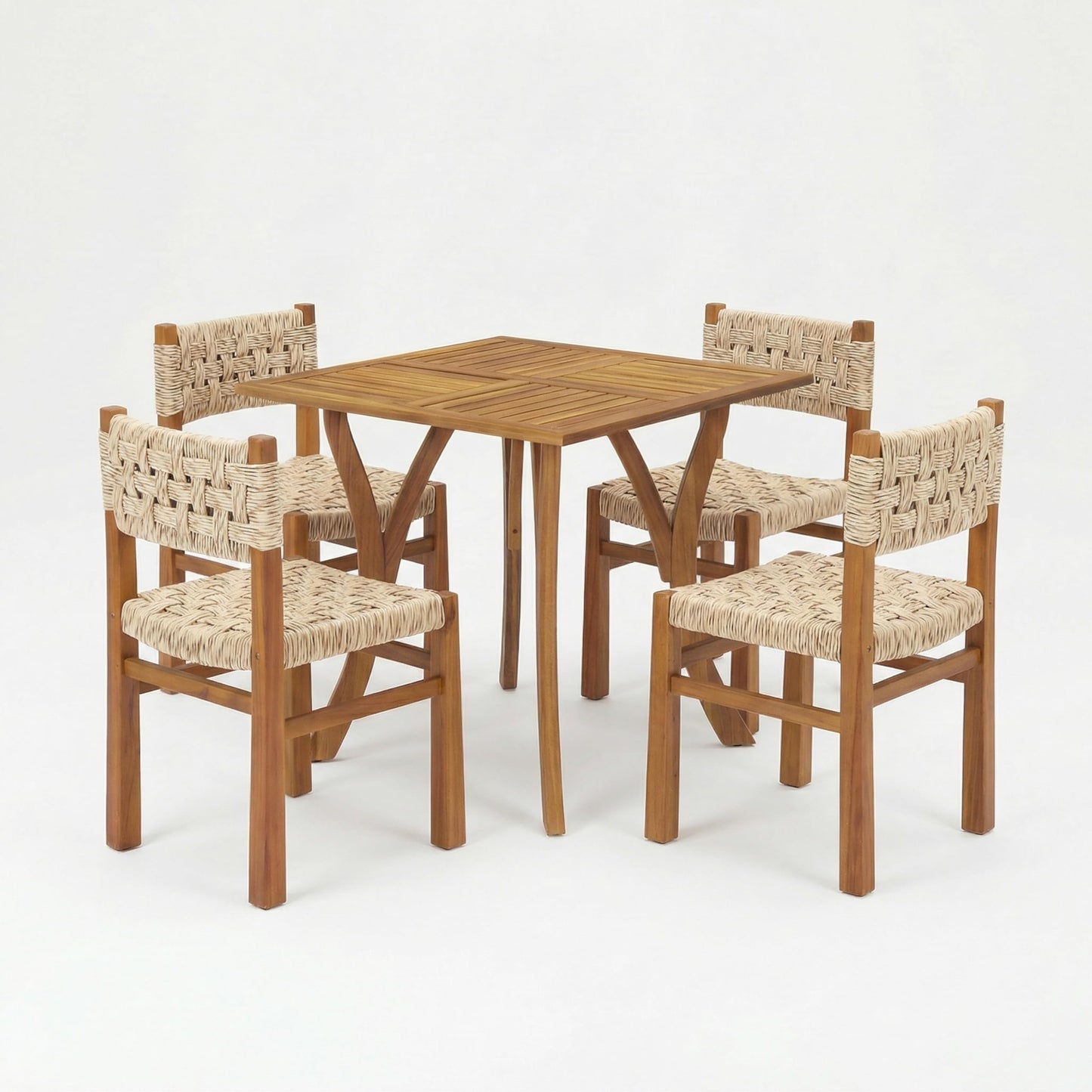 Christopher Knight Home 5 Piece Outdoor Dining Set Acacia Wood Square Table and 4 Light Grey Wicker Chairs Teak Finish Patio Furniture Set for Garden Backyard Balcony Deck
