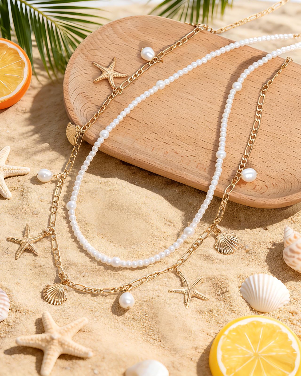 Ronglry 2pcs Gold Starfish Waist Chain for Women Layered Shell Belly Chain Beach Waist Beads Body Chains for Women Boho Adjustable Sexy Bikini Body Chain for Summer Beach Jewelry Accessories-shell