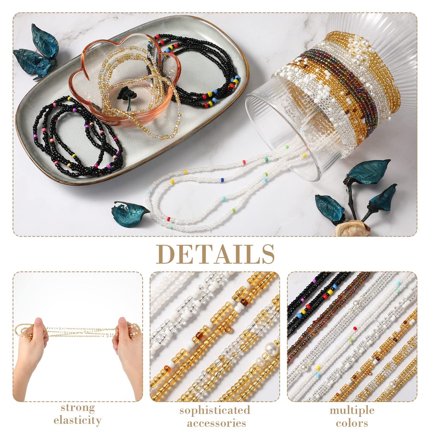 Kigeli 9 Pack Waist Bead Chains for Women Stretchy African Belly Chain Stomach Beads Body Bikini Jewelry (Clear, Black, Gold)