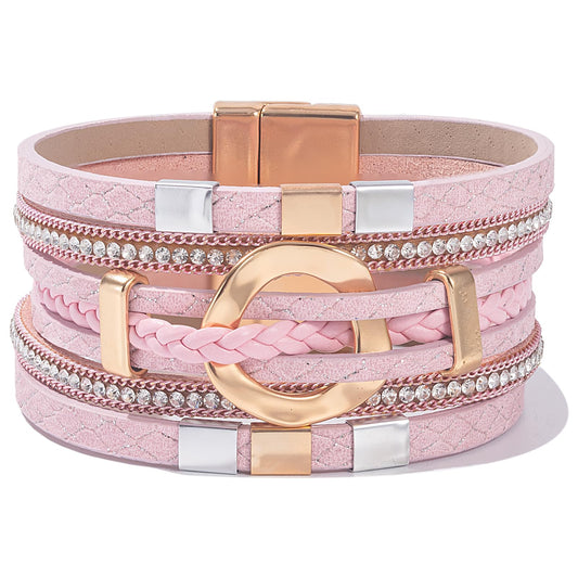 FANCY SHINY Boho Leather Wrap Bracelets Circle Square Bead Braided Handmade Stackable Bracelet Trendy Cuff Bangle for Women(Pink)