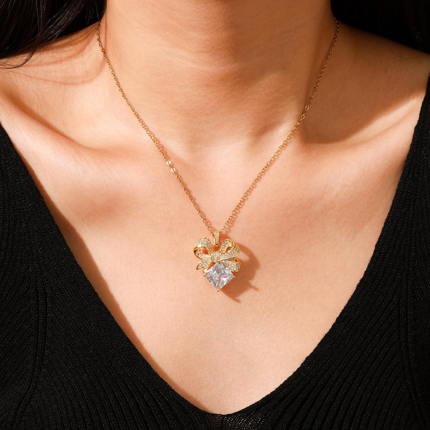 Square April Birthstone Diamond Bow Necklace for Women-Gold Plated Healing Crystal Imitation Diamond Pendant Waterproof Non Tarnish Jewelry For Birthday Valentines Day Mother's Day Christmas Thanksgiving Gifts