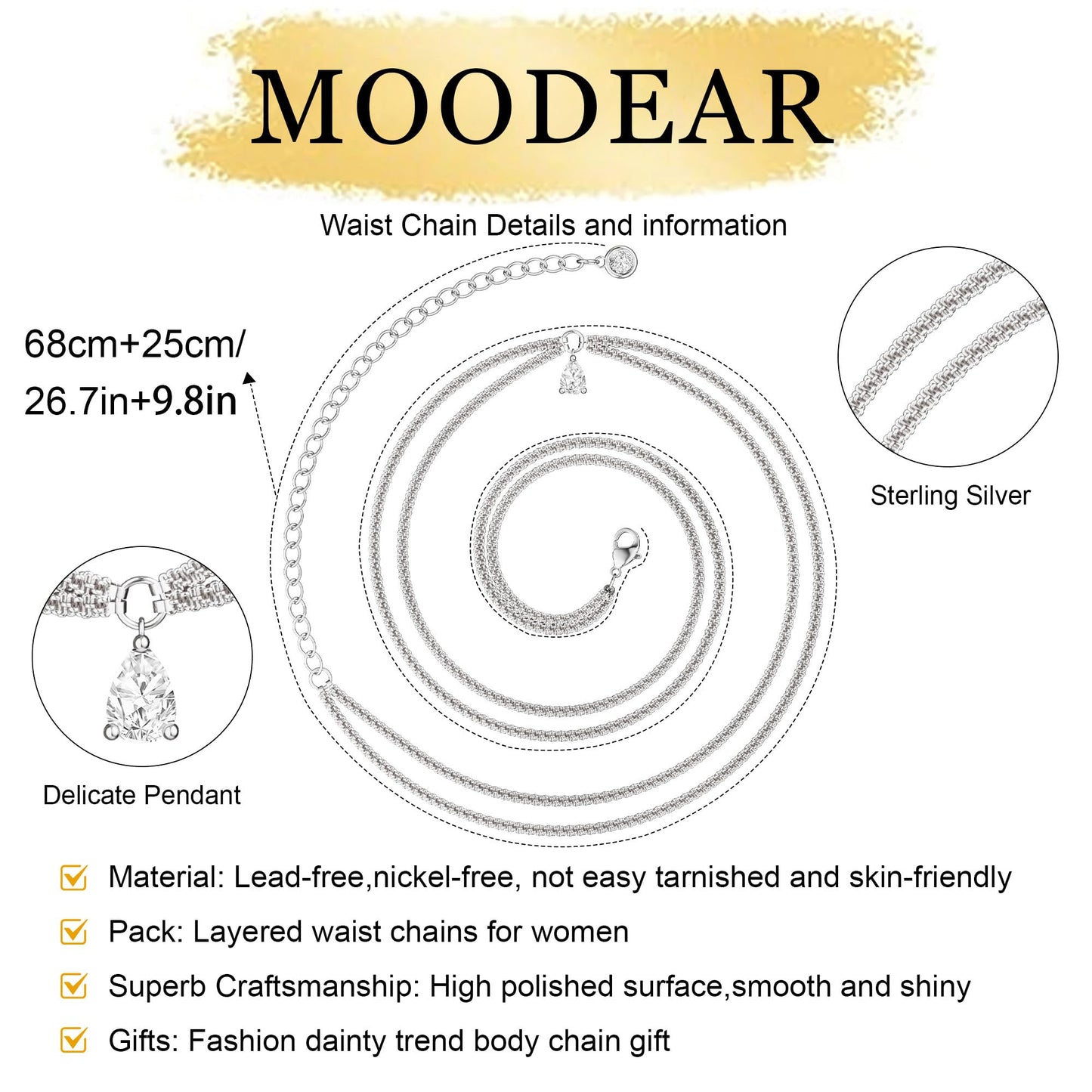 MOODEAR 925 Sterling Silver Waist Chain for Women - Layered Non Tarnish Belly Chains Drop Cubic Zirconia Body Chain Waterproof Jewelry Sexy Bikini Belt Gift for Summer Beach