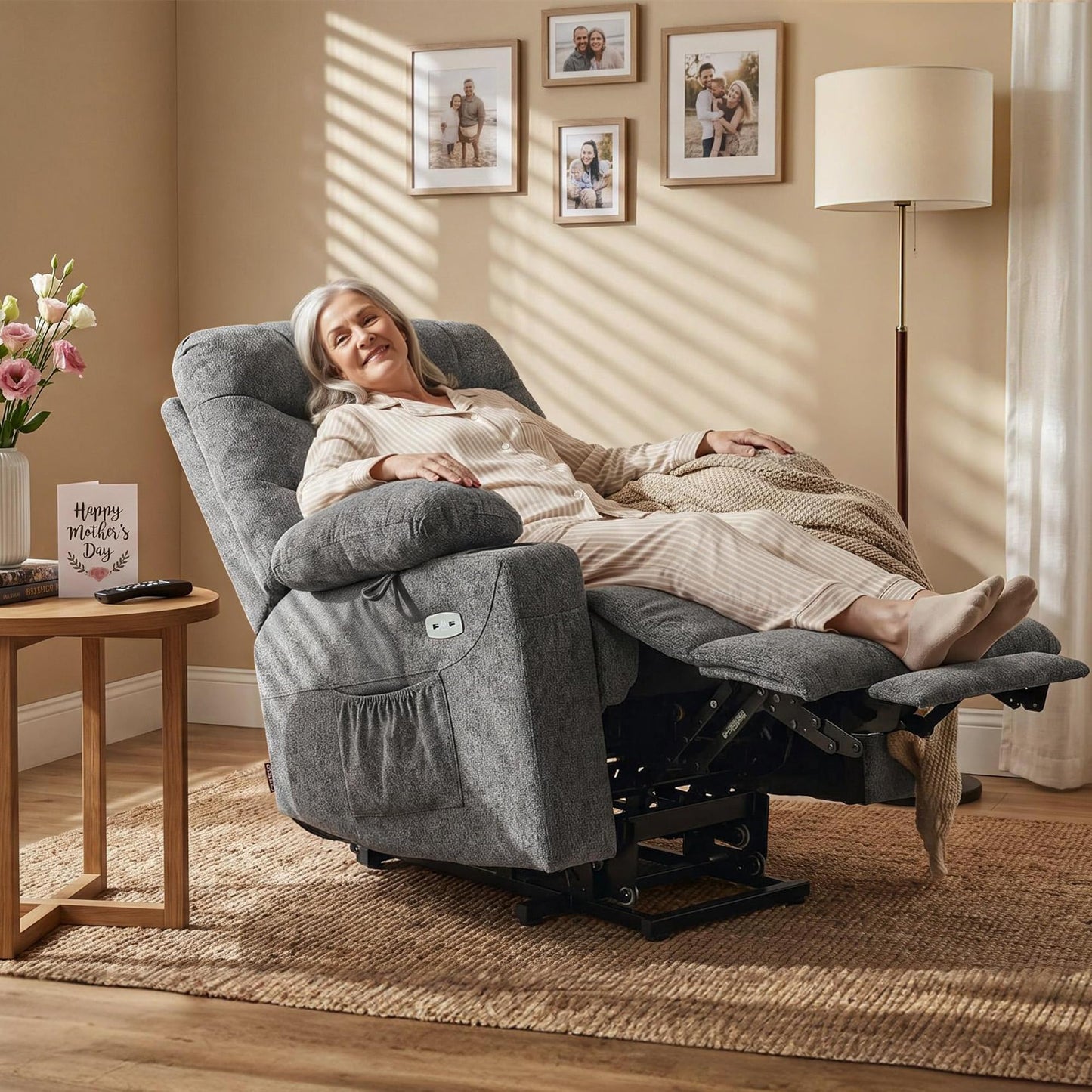 MCombo Power Lift Recliner Chair with Extended Footrest for Elderly People, Fabric 7287/7087 (Dark Gray, Medium)