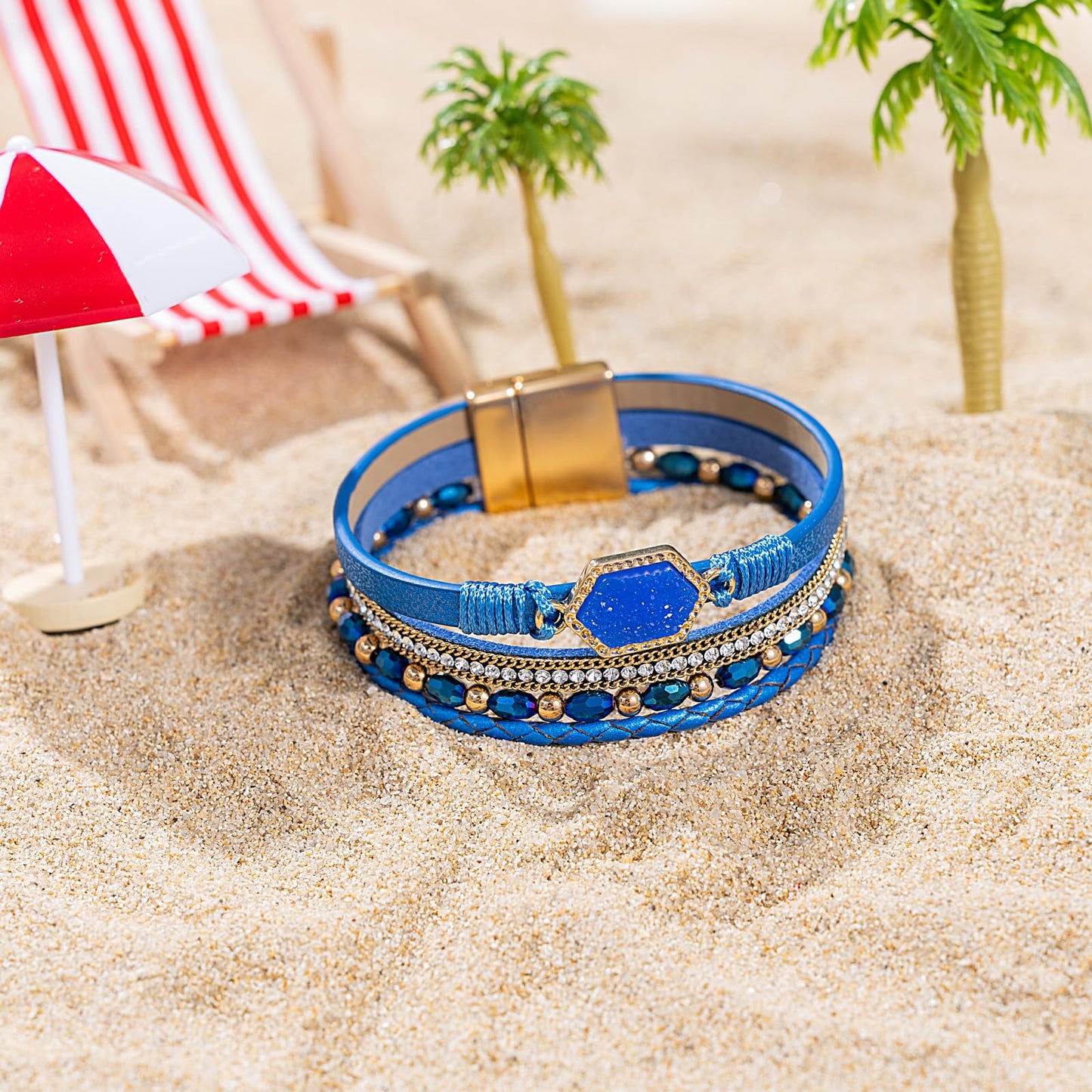FANCY SHINY Crystal Beaded Leather Wrap Bracelet Stackable Boho Jewelry for Women Trendy Braided Resin Stone Bangle Cuff with Magnetic Clasp(Blue)