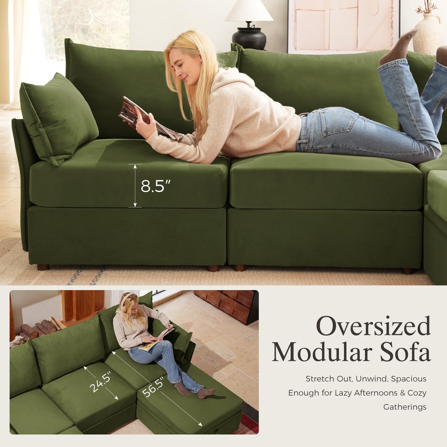 ABCASA 135.5" Velvet Modular Sectional Couch with Storage Ottoman, L-Shaped Sofa, 7-Seater Cloud Sectional with Removable Covers, Green