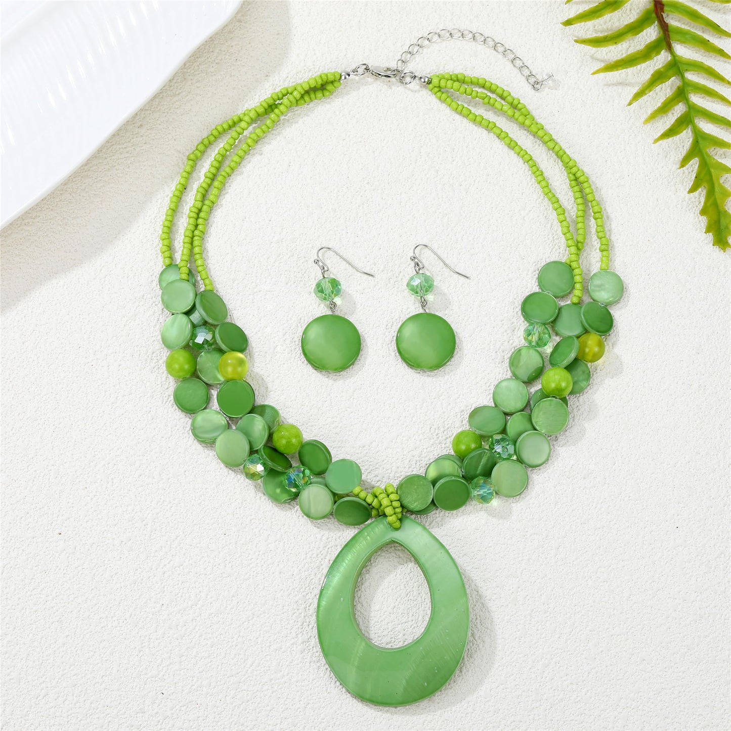 Aenu Multi-Strand Beaded Necklace with Teardrop Pendant Colorful Beads Statement Jewelry Set for Women (Green)