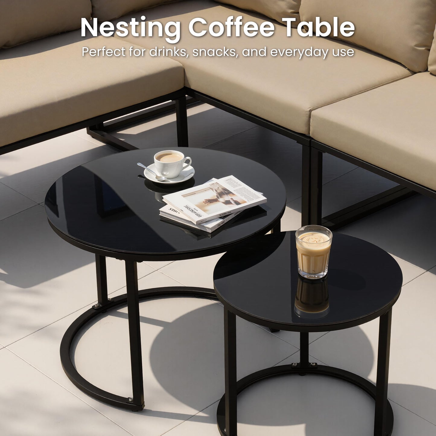 Crestlive 6 Piece Patio Furniture Set, Modern L-Shaped Outdoor Sectional Sofa with Nesting Tables, 4 Inch Thick Cushion, All Weather Resistant Outdoor Furniture Set for Backyard Patio Garden