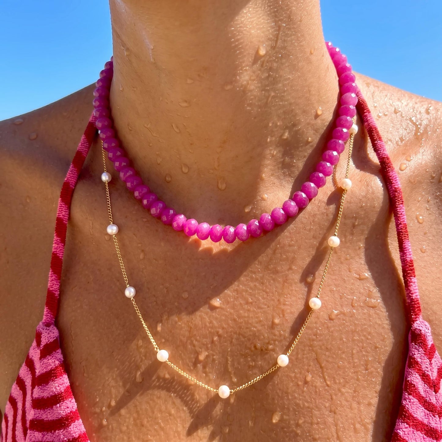 Badu Rose Red Gemstone Beaded Necklace for Women Natural Stone Bead Beach Choker Necklace Fashion Trendy Jewelry Gifts