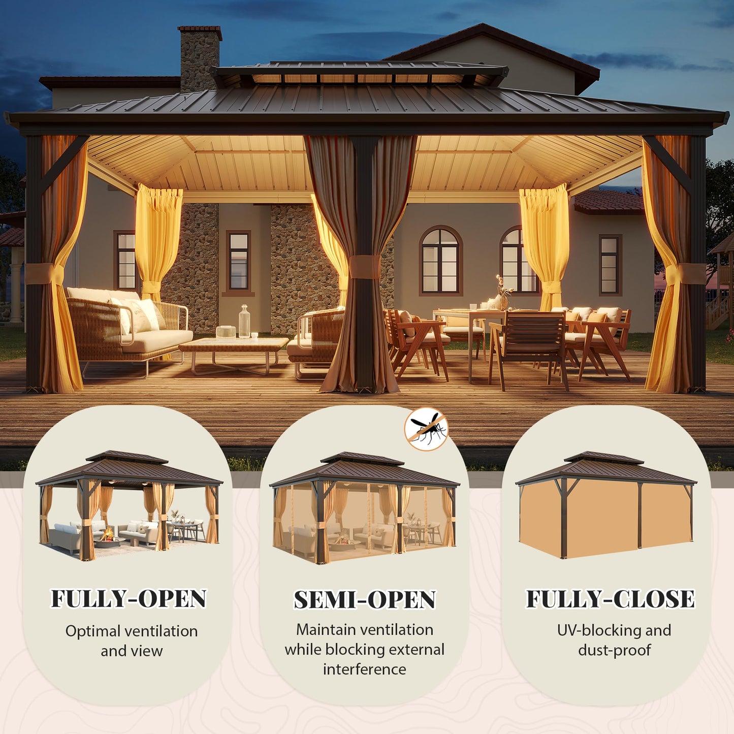 YOLENY 12' x 18' Hardtop Gazebo, Metal Gazebo with Aluminum Frame, Double Galvanized Steel Roof, Curtains and Netting Included, Metal Gazebos Pergolas for Patios, Garden, Parties, Lawns