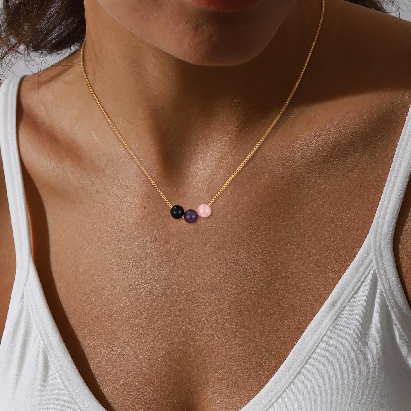 Suarlly Healing Crystal Necklace for Women 14k Plated Gold Beaded Necklace Anxiety Relief Empath Protection Amethyst Gifts for Friends Sister Mom Daughter Jewelry