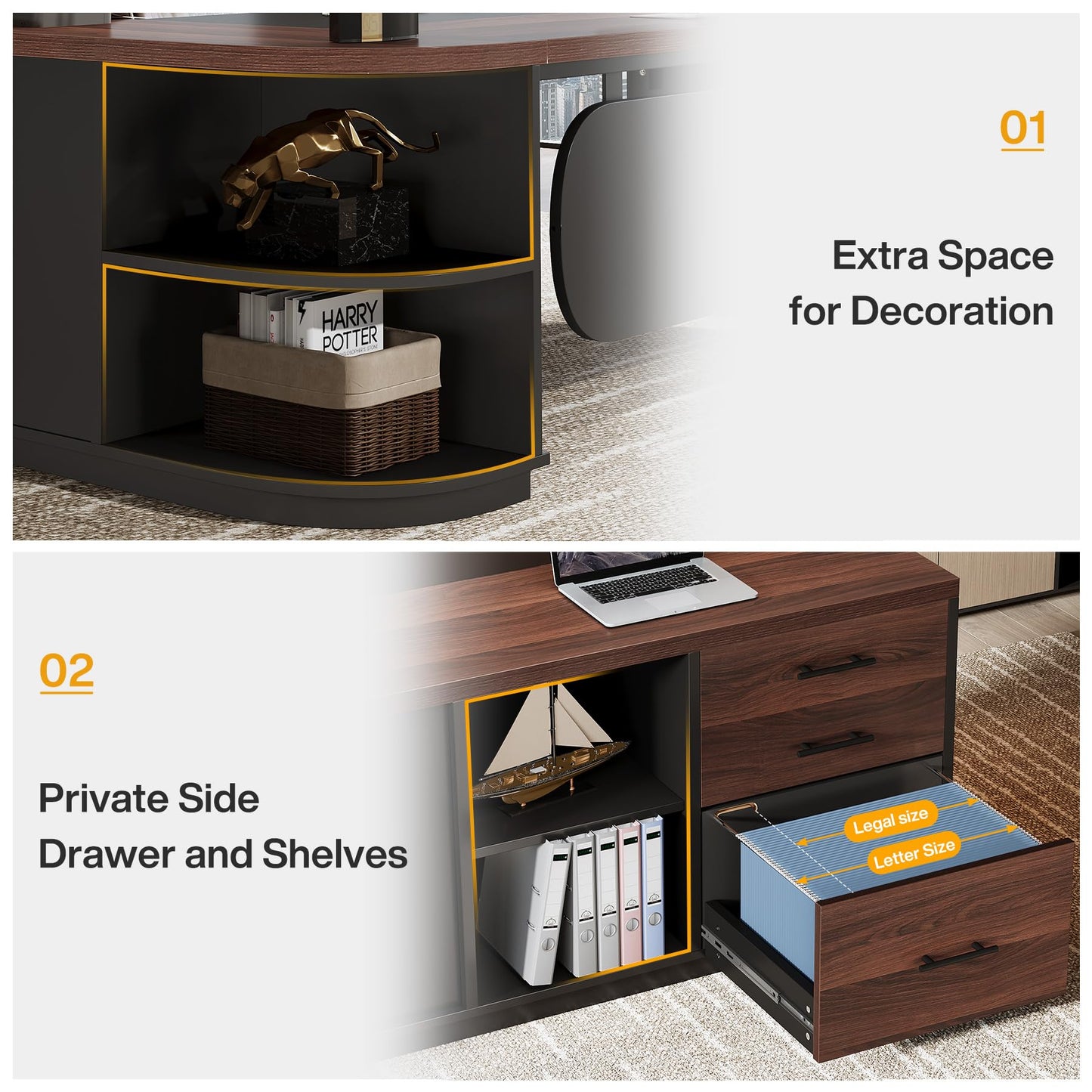 Tribesigns 80'' L-Shaped Desk, Large Executive Office Desk with 55'' Drawers Cabinet, Modern Computer Table with Storage Shelves, Business Furniture for Home Office, Walnut & Black