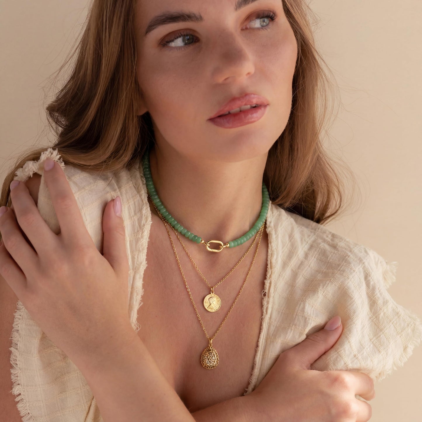 CONRAN KREMIX Green Stone Beaded Necklace for Women,Natural Gemstone Bead Choker Necklaces Boho Summer Beach Layering Necklace Jewelry Gift for Women